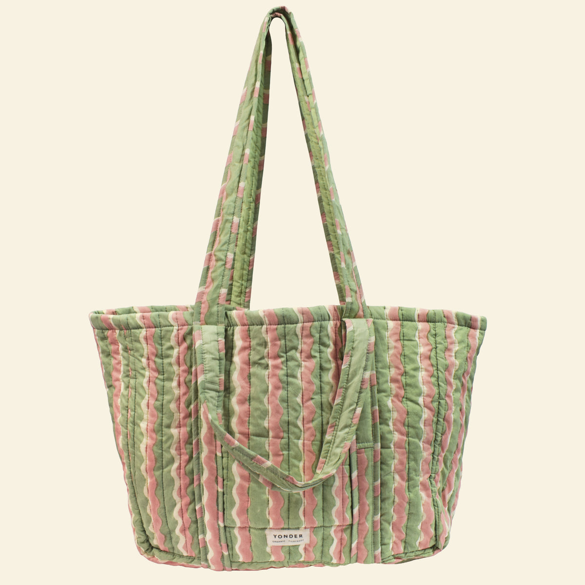 Yonder Quilted Carry All tote in mint whirly swirl print, quilted organic cotton, hand block-printed in Jaipur