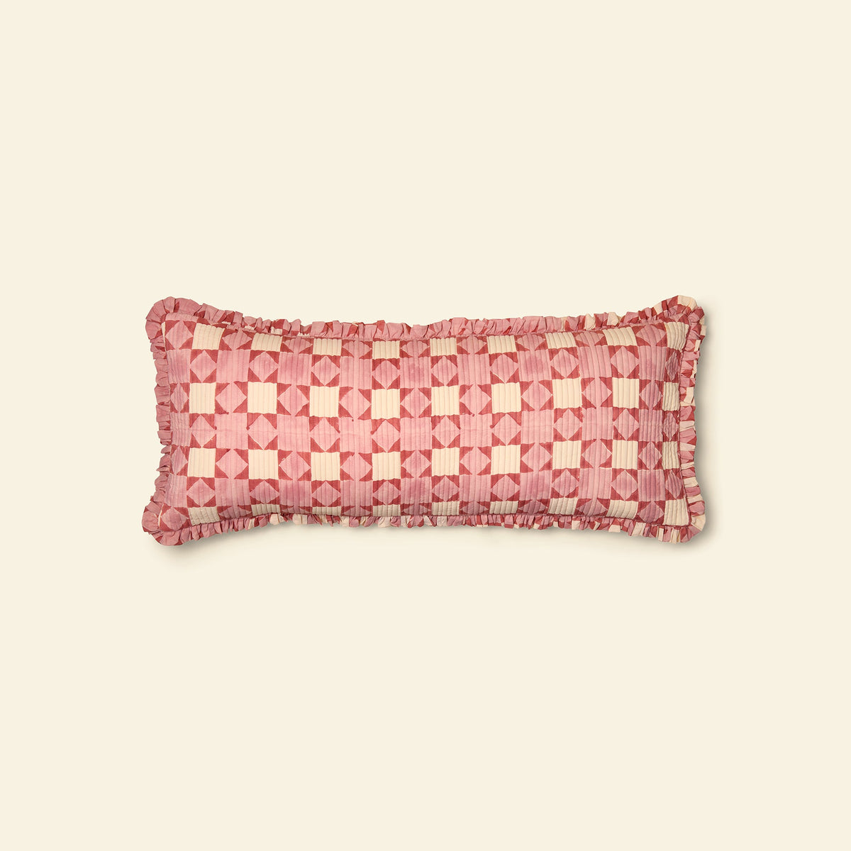 Yonder cotton quilted frill cushion in clover floss, hand block-printed in Jaipur