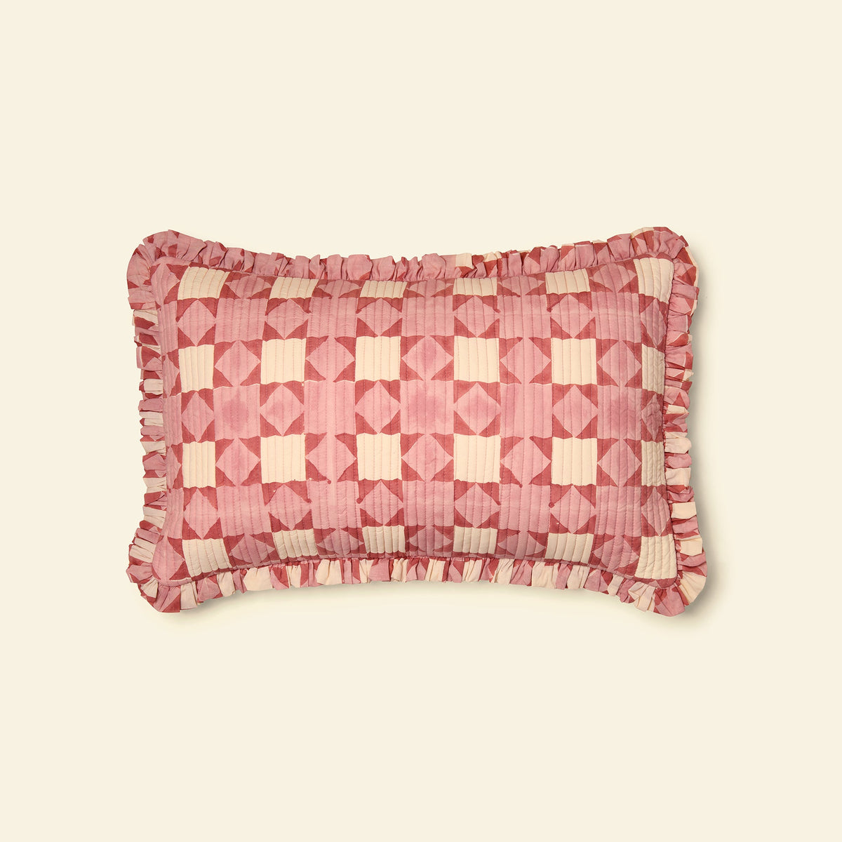 Yonder cotton quilted frill cushion in clover floss, hand block-printed in Jaipur