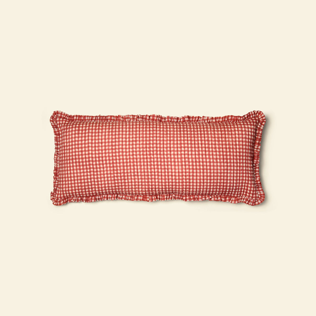 Yonder cotton quilted frill cushion in gingham ginger, hand block-printed in Jaipur