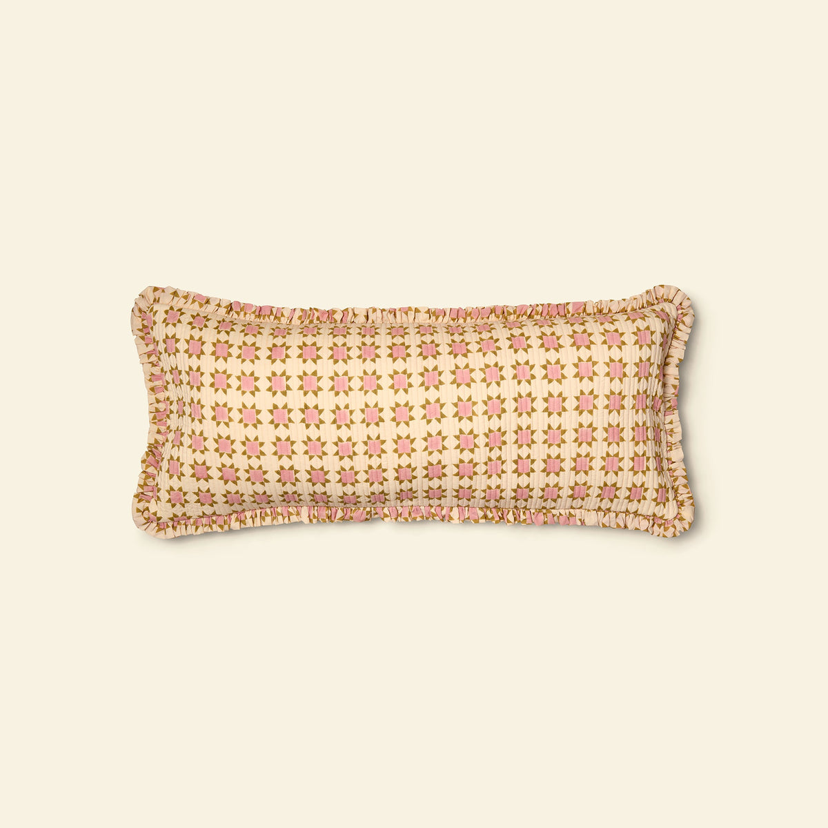 Yonder cotton quilted frill cushion in prairie honey, hand block-printed in Jaipur