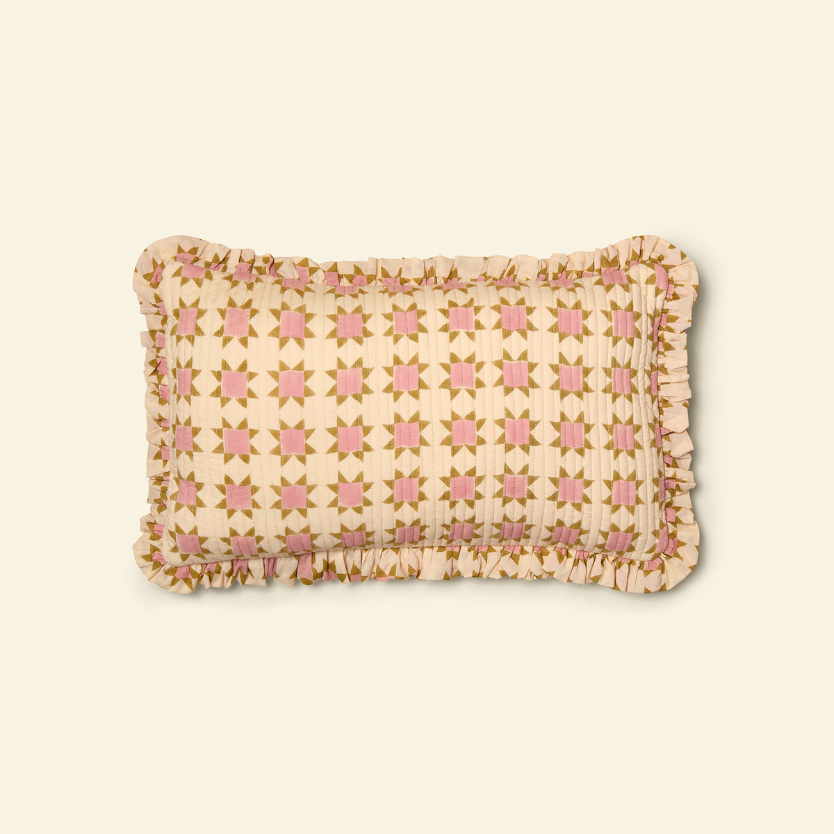 Yonder cotton quilted frill cushion in prairie honey, hand block-printed in Jaipur