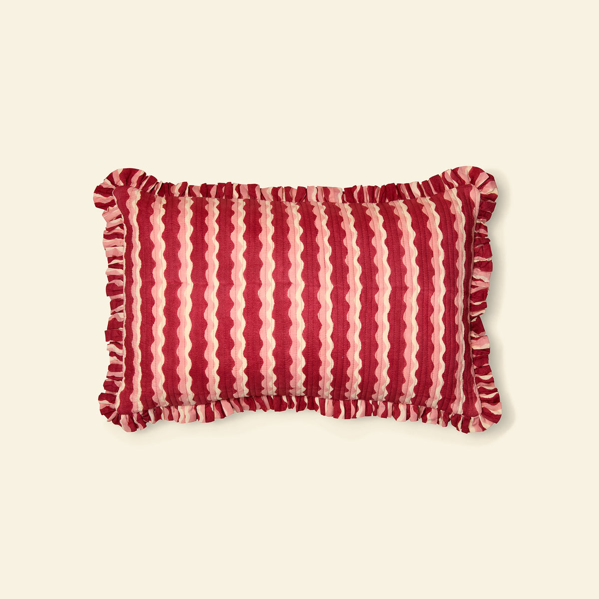 Yonder cotton quilted frill cushion in whirly jam, hand block-printed in Jaipur