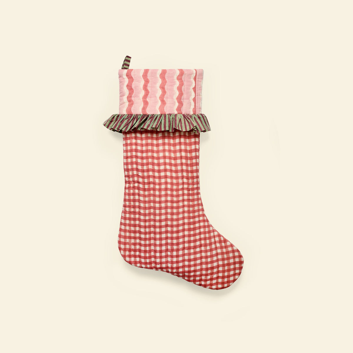 Yonder quilted christmas stocking in gingham ginger, hand block-printed in Jaipur