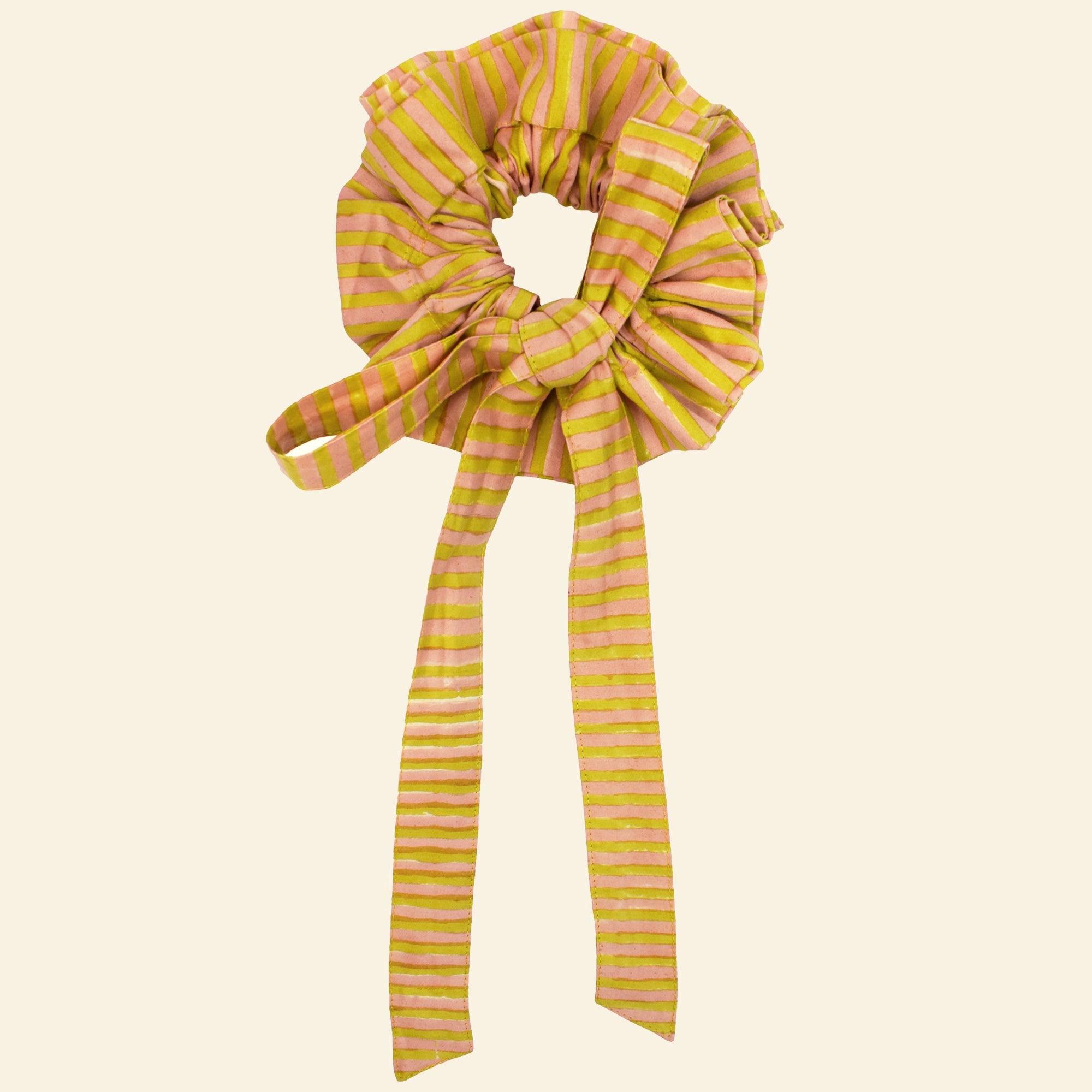 Cotton tie collar/scrunchie with ribbons printed with yellow and pink striped pattern
