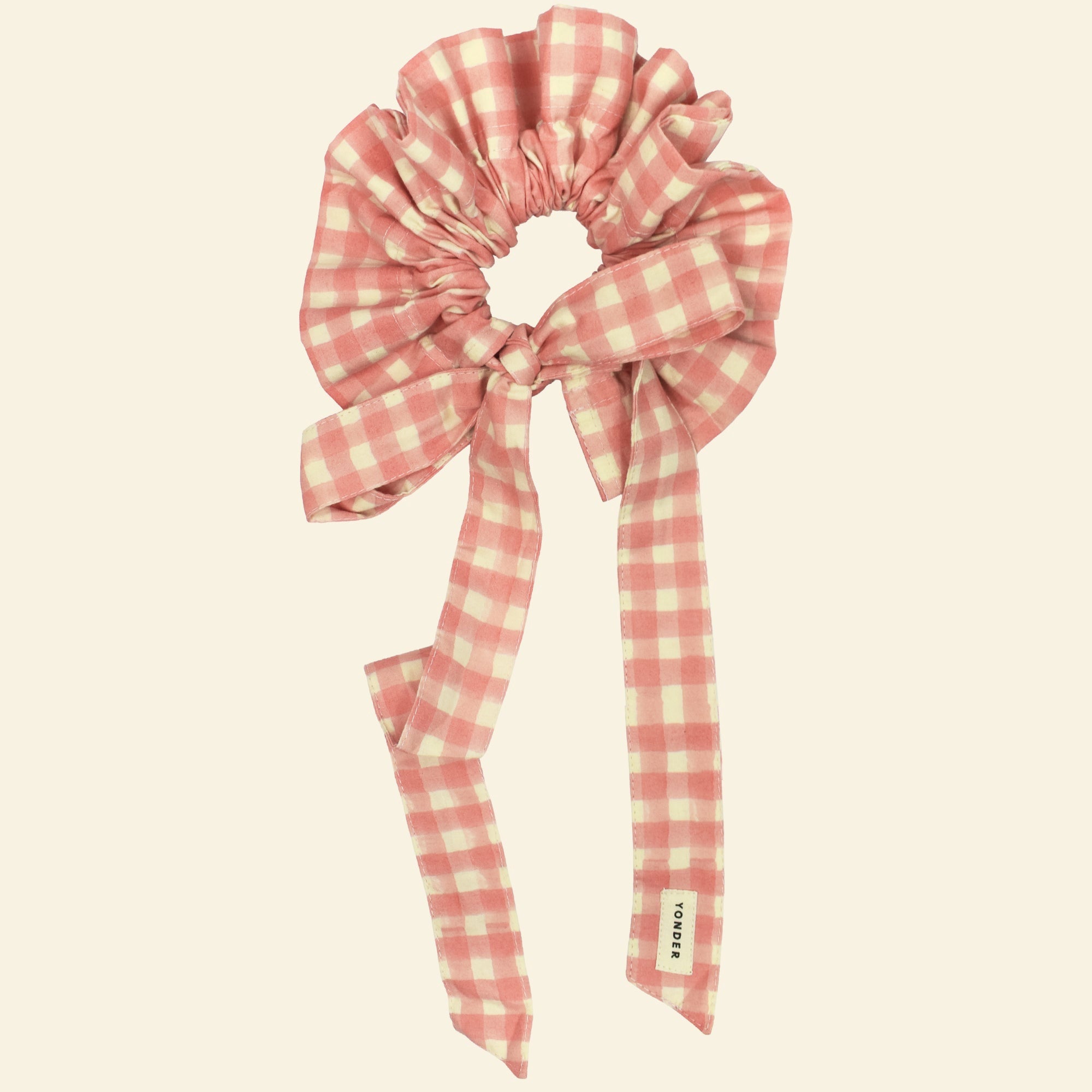 Cotton tie collar/scrunchie with ribbons printed with pink gingham pattern