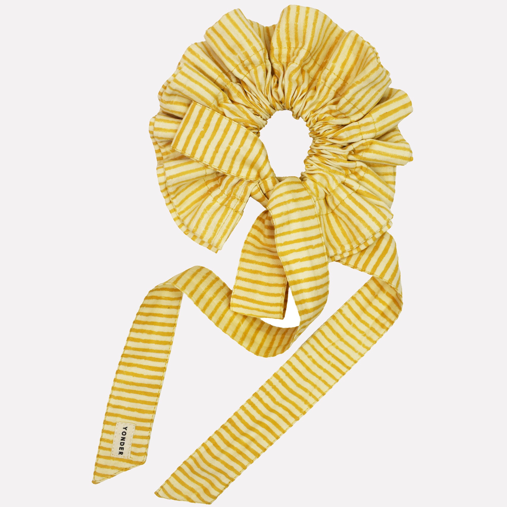 Cotton tie collar/scrunchie with ribbons printed with yellow striped pattern