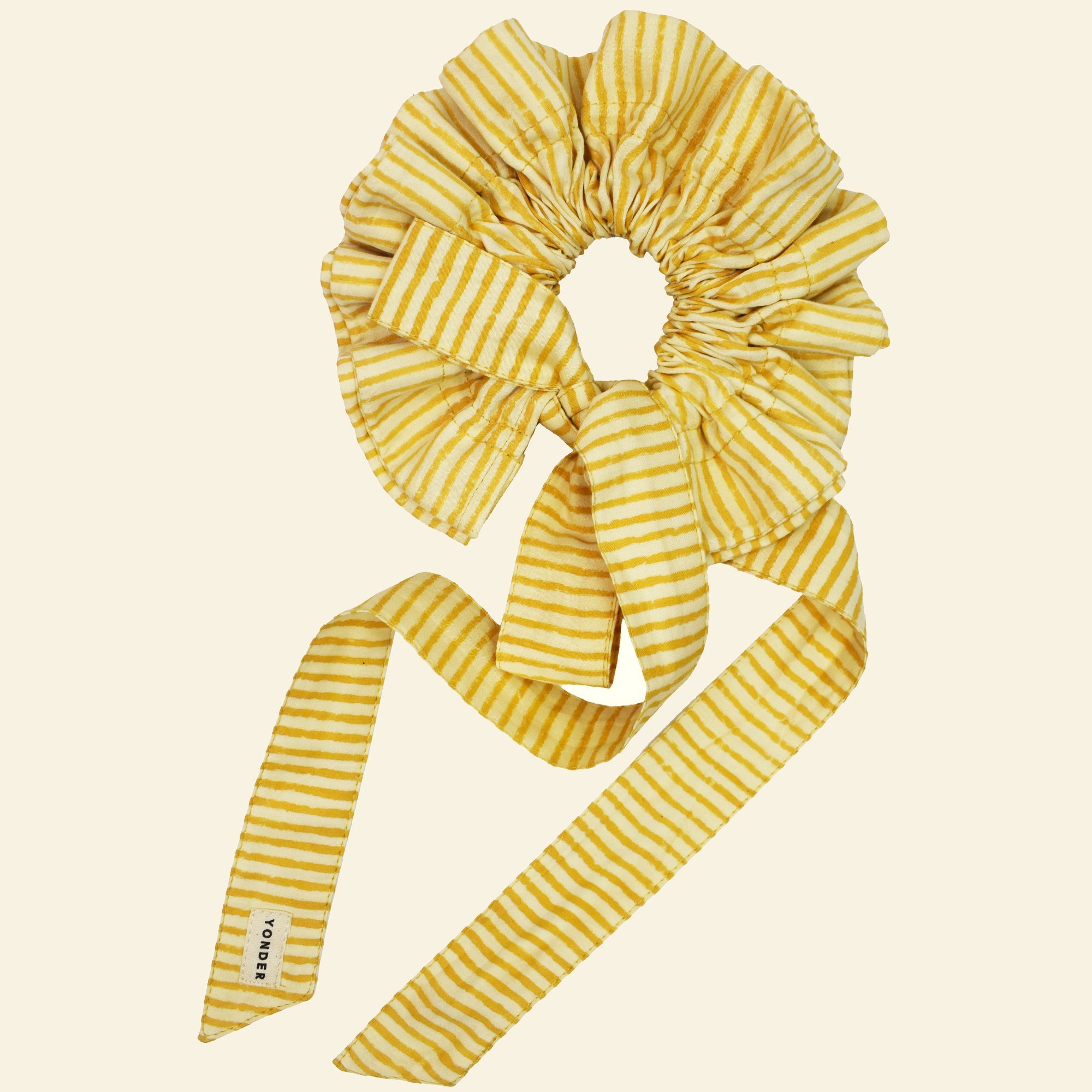 Cotton tie collar/scrunchie with ribbons printed with yellow striped pattern