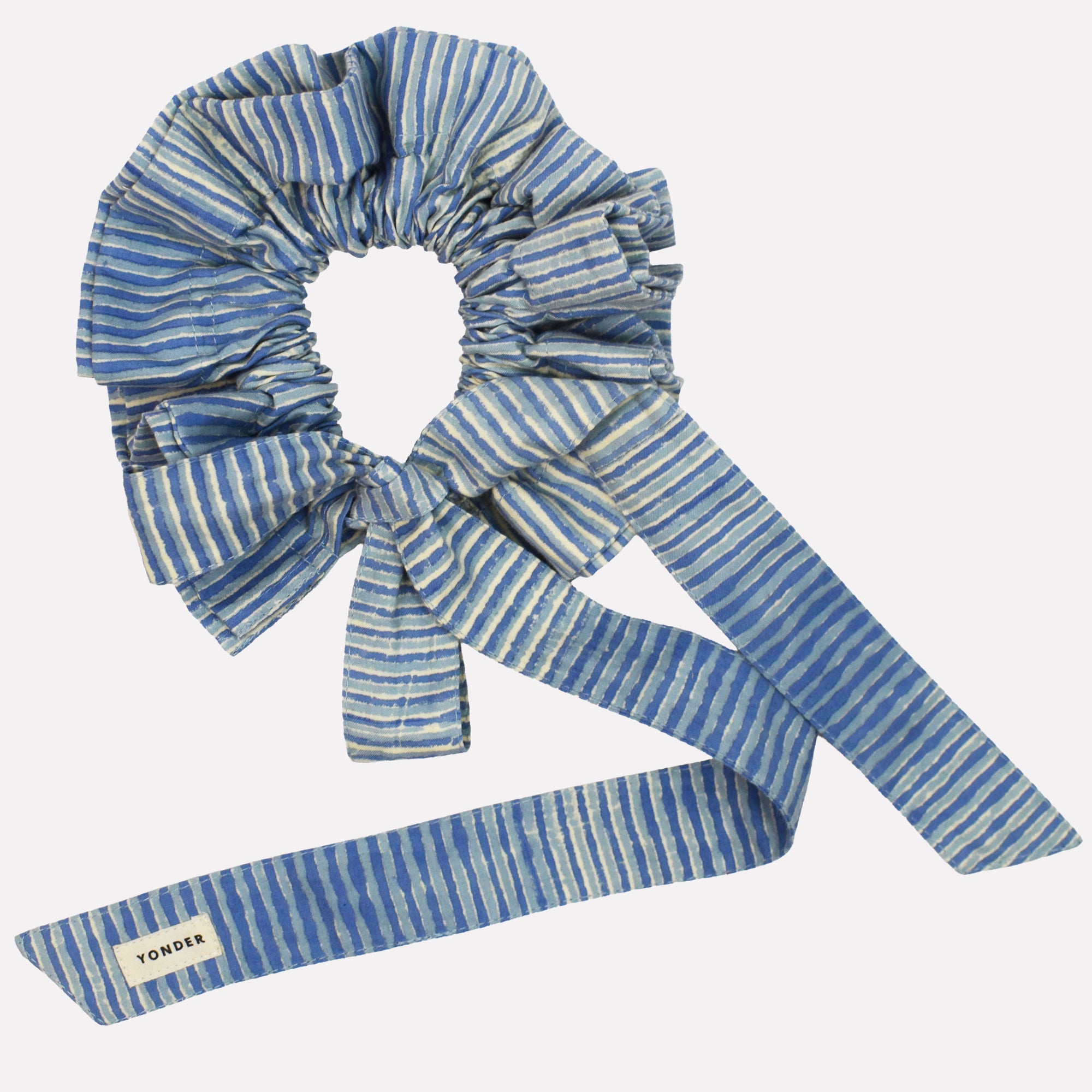Cotton tie collar/scrunchie with ribbons printed with blue striped pattern