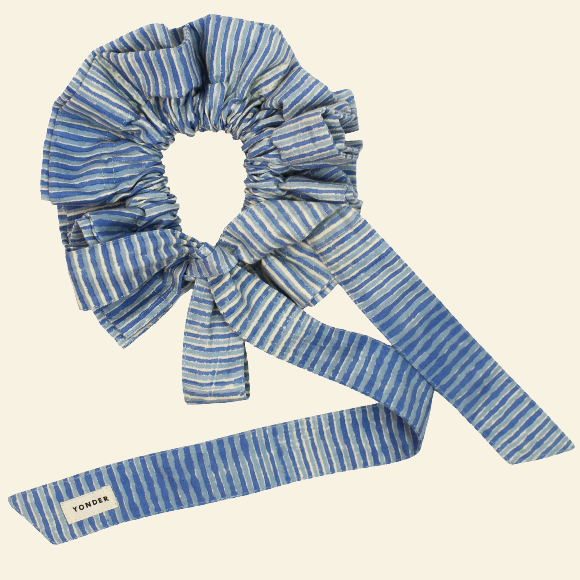 Cotton tie collar/scrunchie with ribbons printed with blue striped pattern