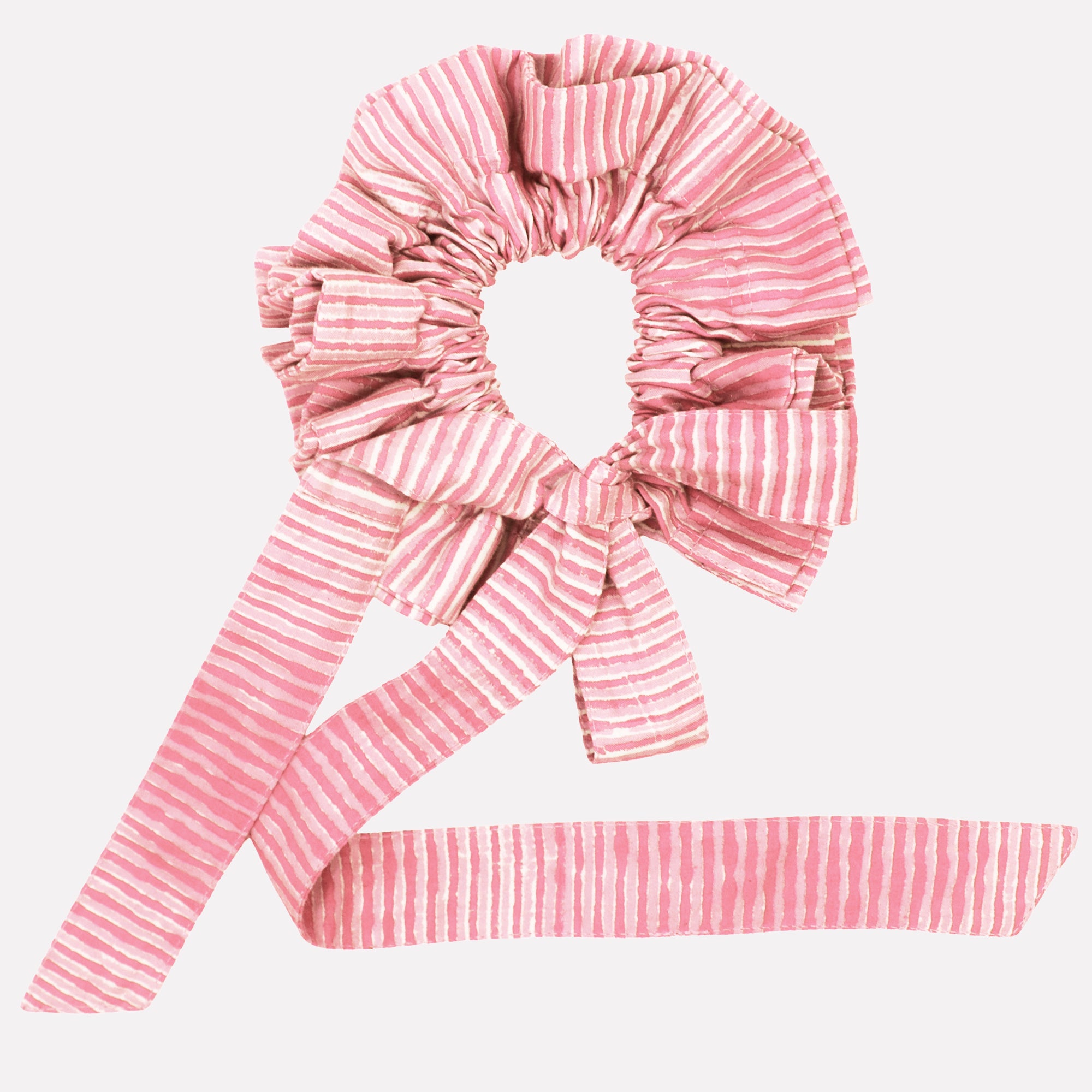 Cotton tie collar/scrunchie with ribbons printed with pink striped pattern