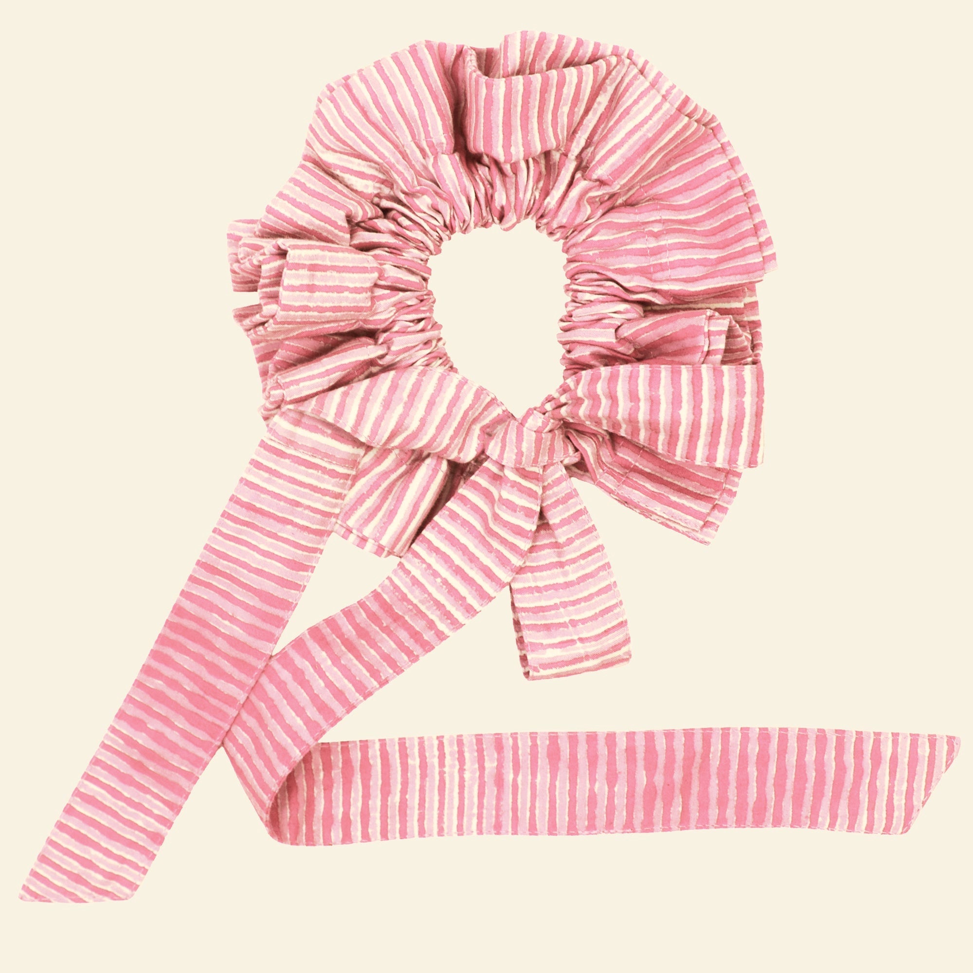 Cotton tie collar/scrunchie with ribbons printed with pink striped pattern