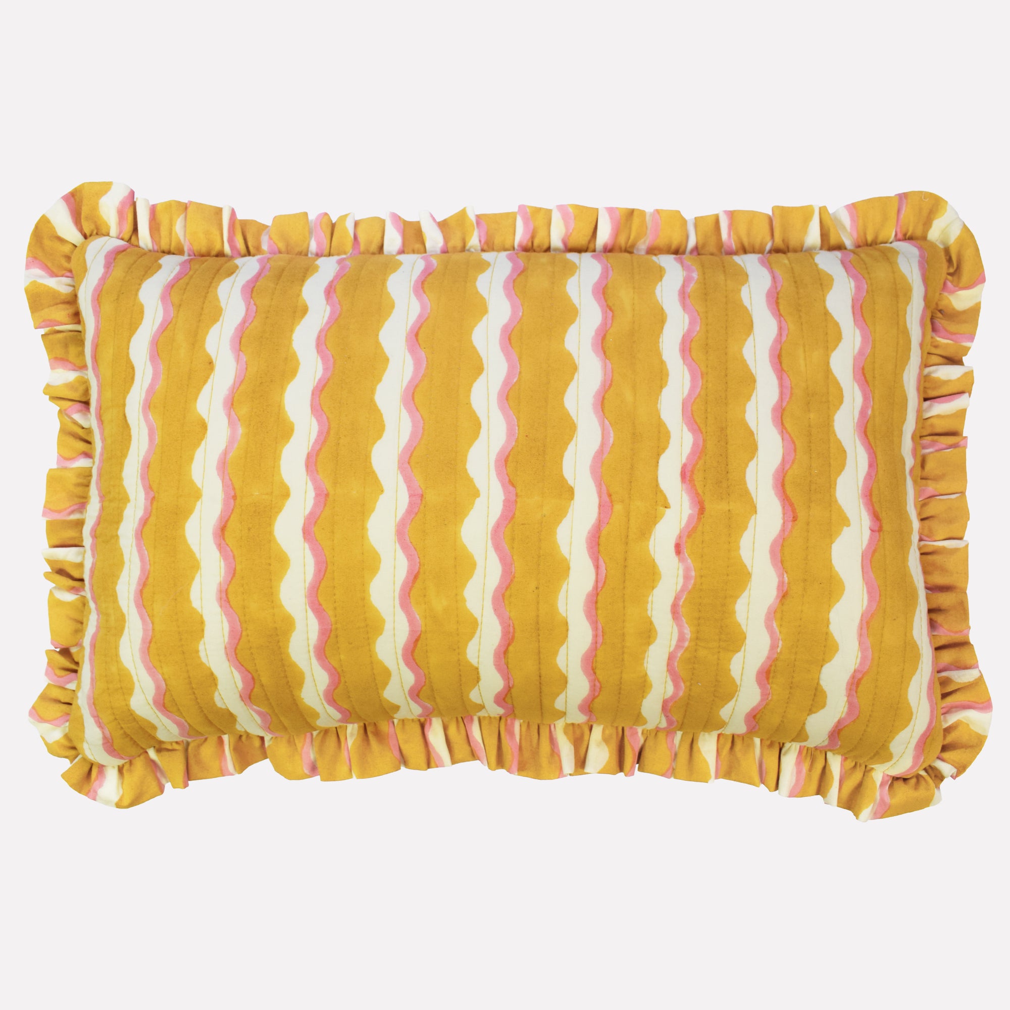 Cotton quilted cushion printed with yellow and white striped wave pattern and frill border