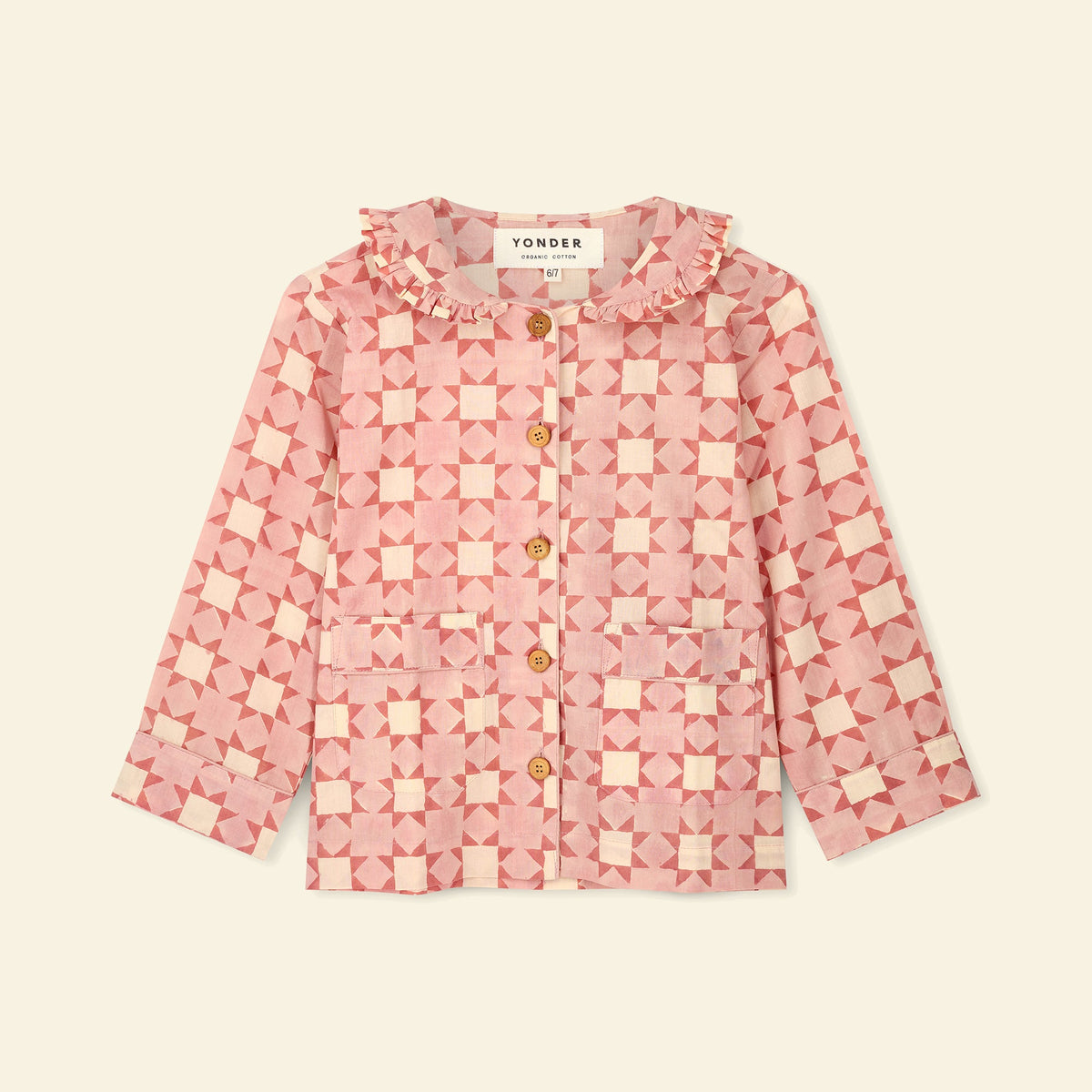 Yonder kids' frill pyjama set in carousel floss, hand block-printed in Jaipur