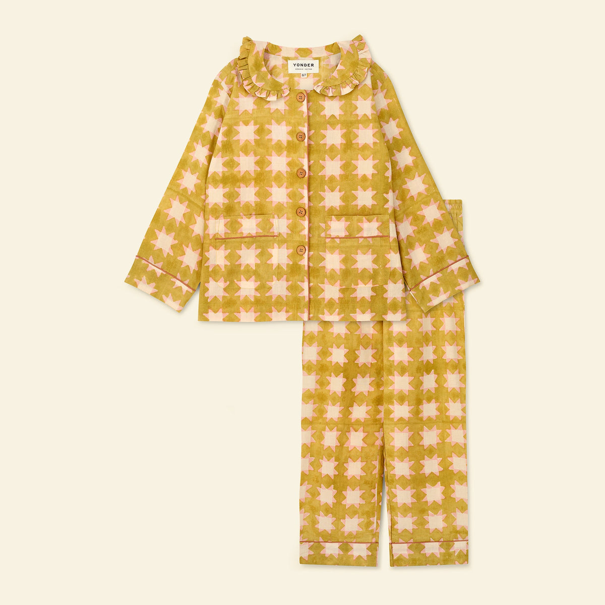 Yonder kids' frill pyjama set in carousel honey, hand block-printed in Jaipur