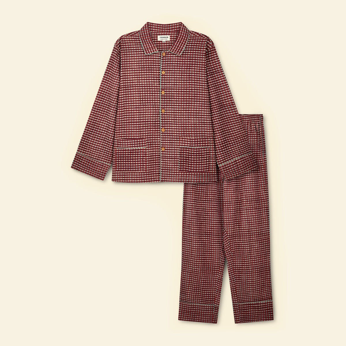 Yonder men's pyjama set in gingham sky, hand block-printed in Jaipur