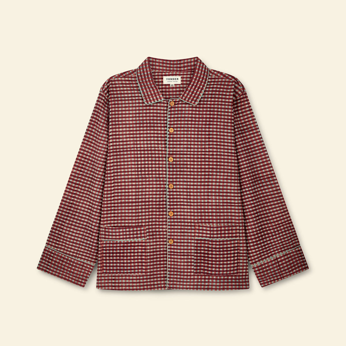 Yonder men's pyjama set in gingham sky, hand block-printed in Jaipur