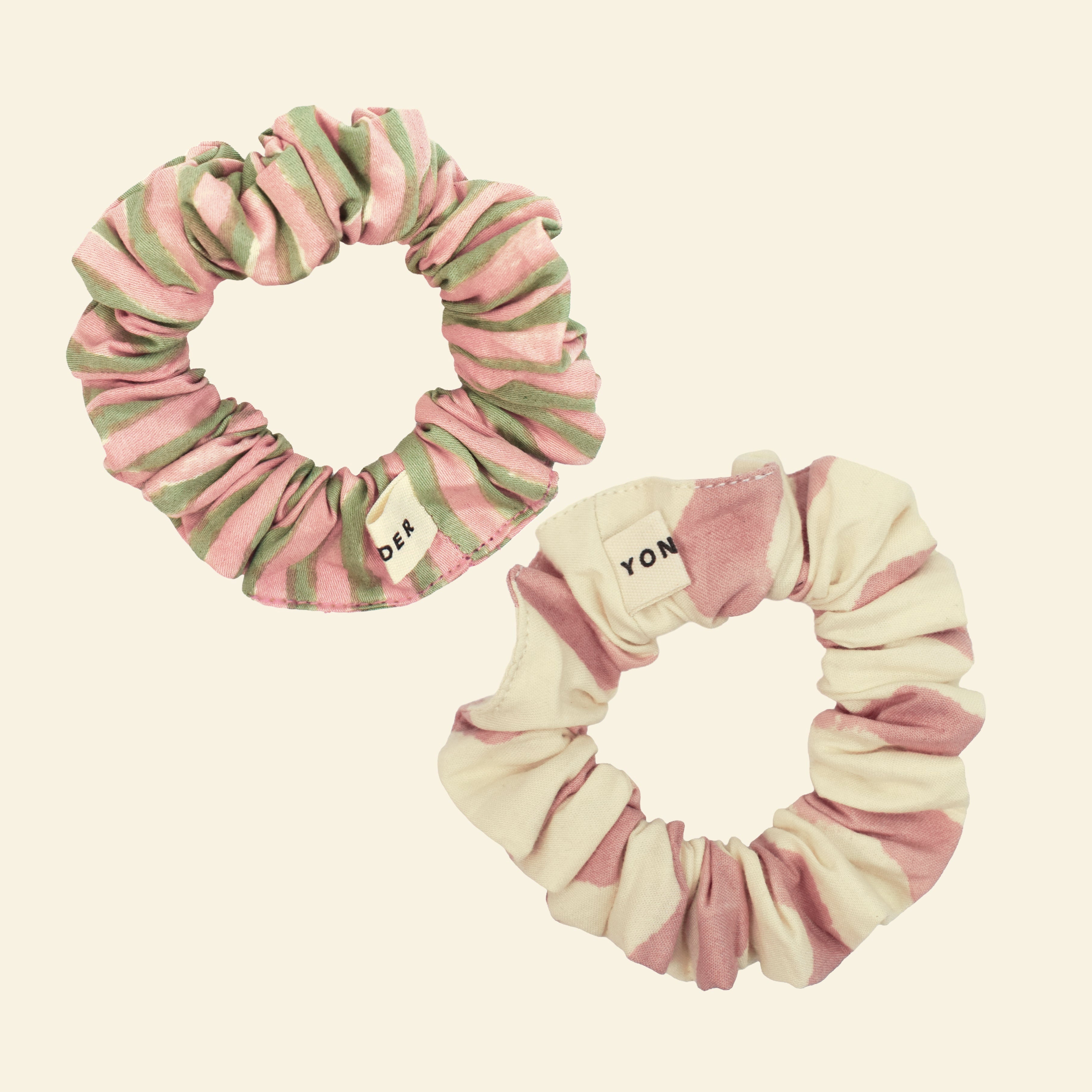 Yonder organic cotton mini scrunchie duo in soft pastel cream, pink and green stripes, hand block-printed in Jaipur