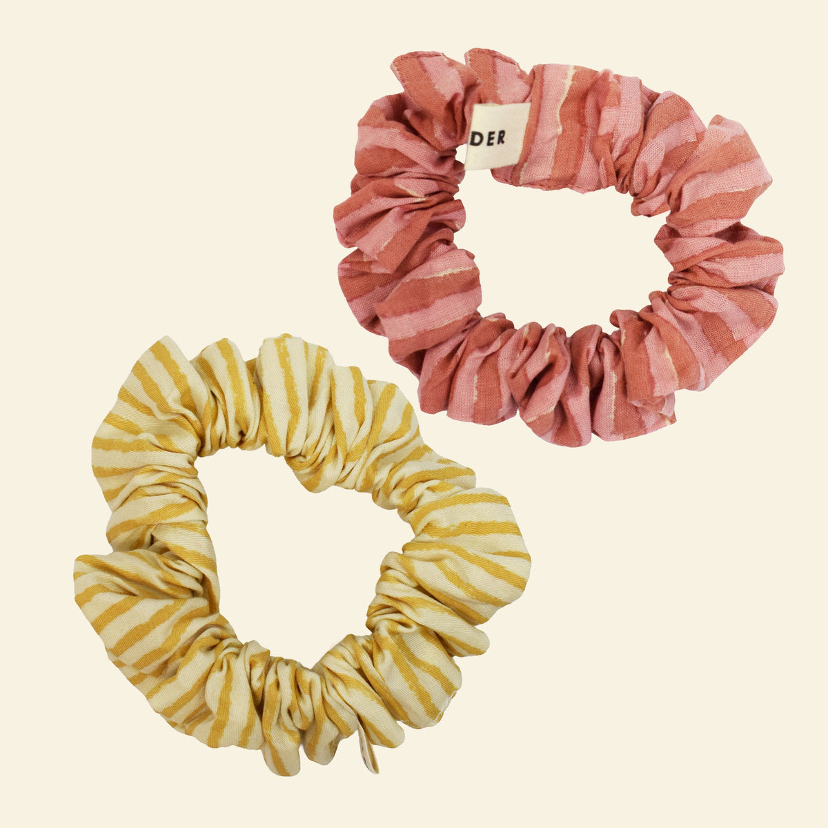 Yonder organic cotton mini scrunchie duo in lemon and honey-yellow stripes, hand block-printed in Jaipur