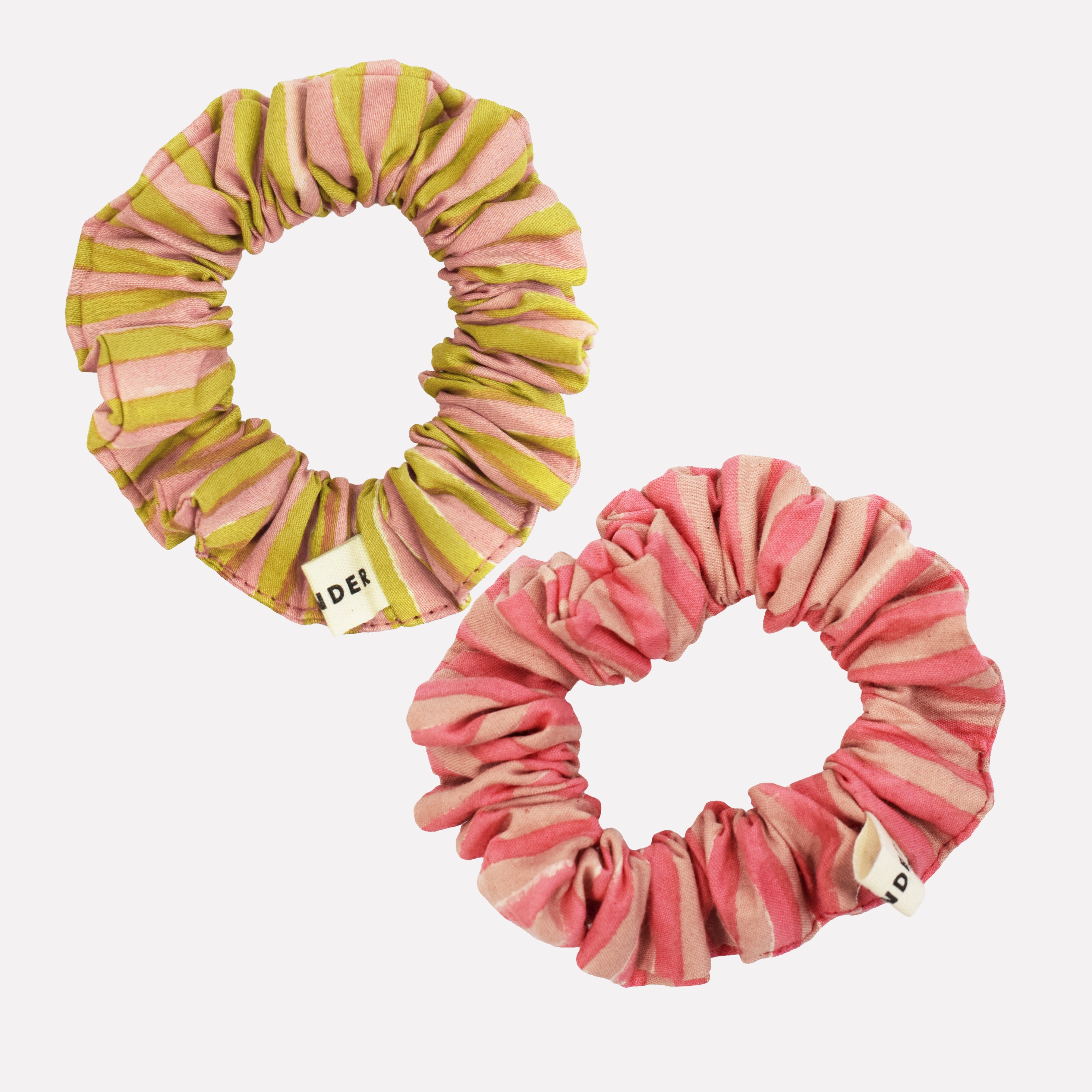 Two cotton mini scrunchies printed with pink and yellow striped pattern