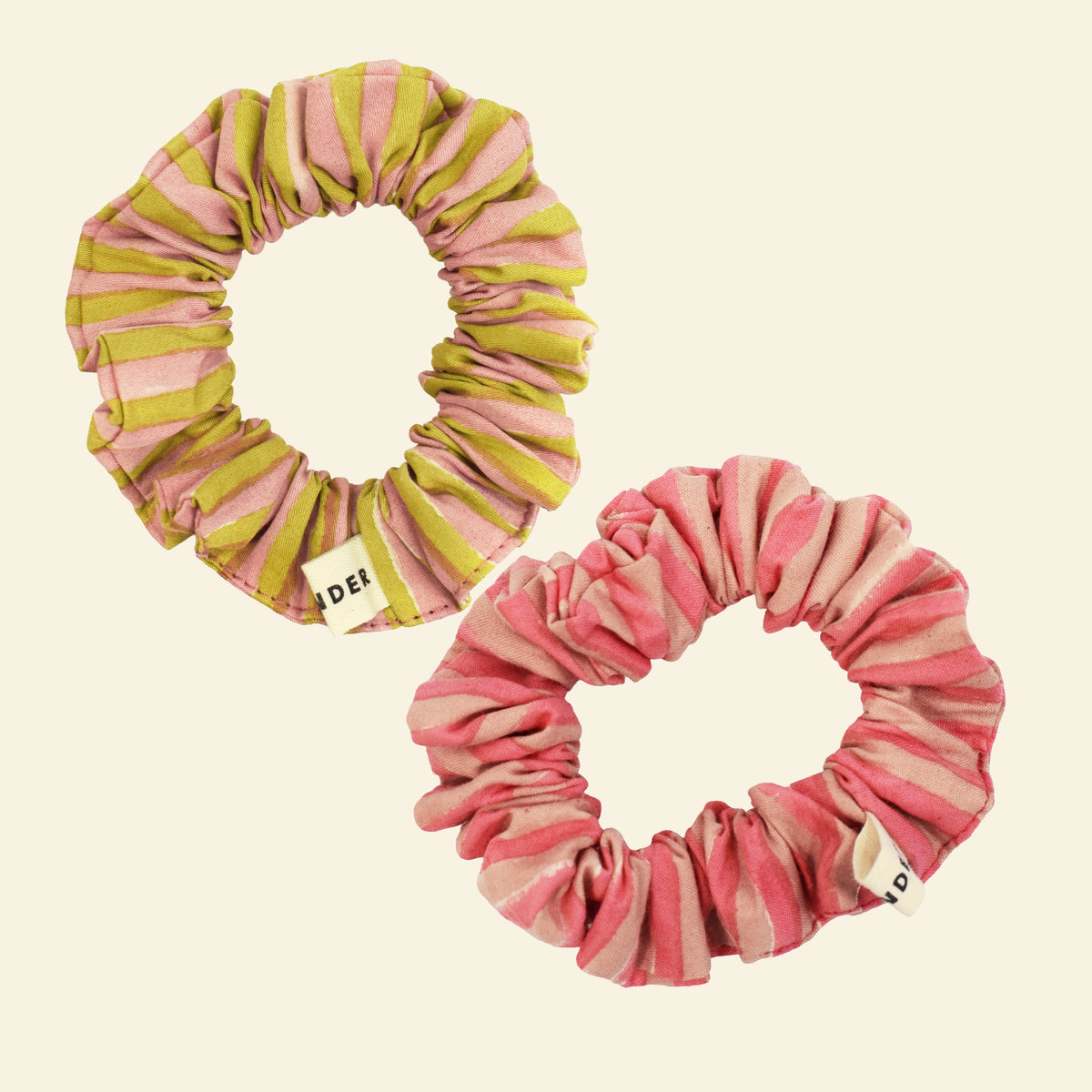 Yonder organic cotton mini scrunchie duo in blush and berry pink stripes, hand block-printed in Jaipur