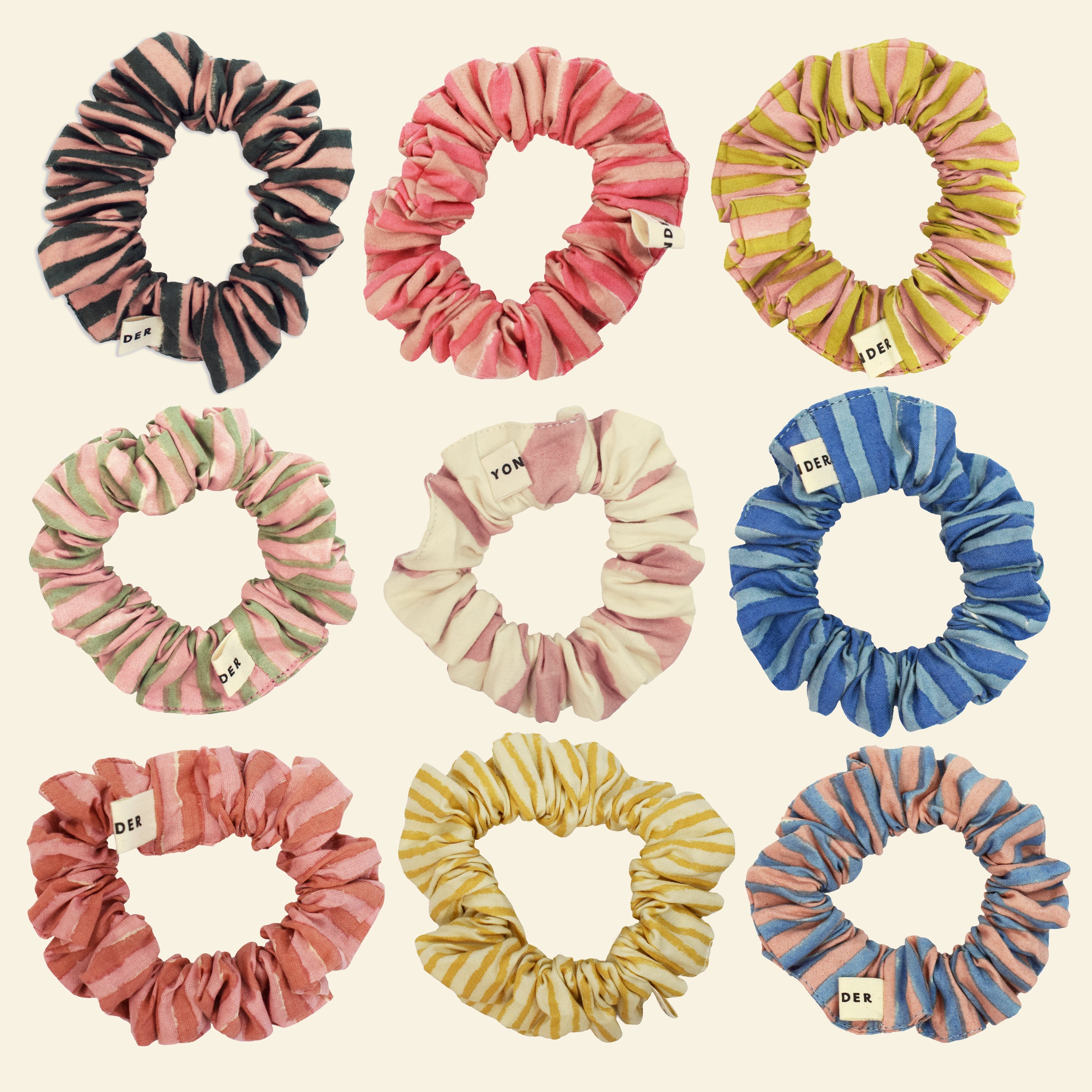 Yonder organic cotton mini scrunchies in striped colourways, hand block-printed in Jaipur