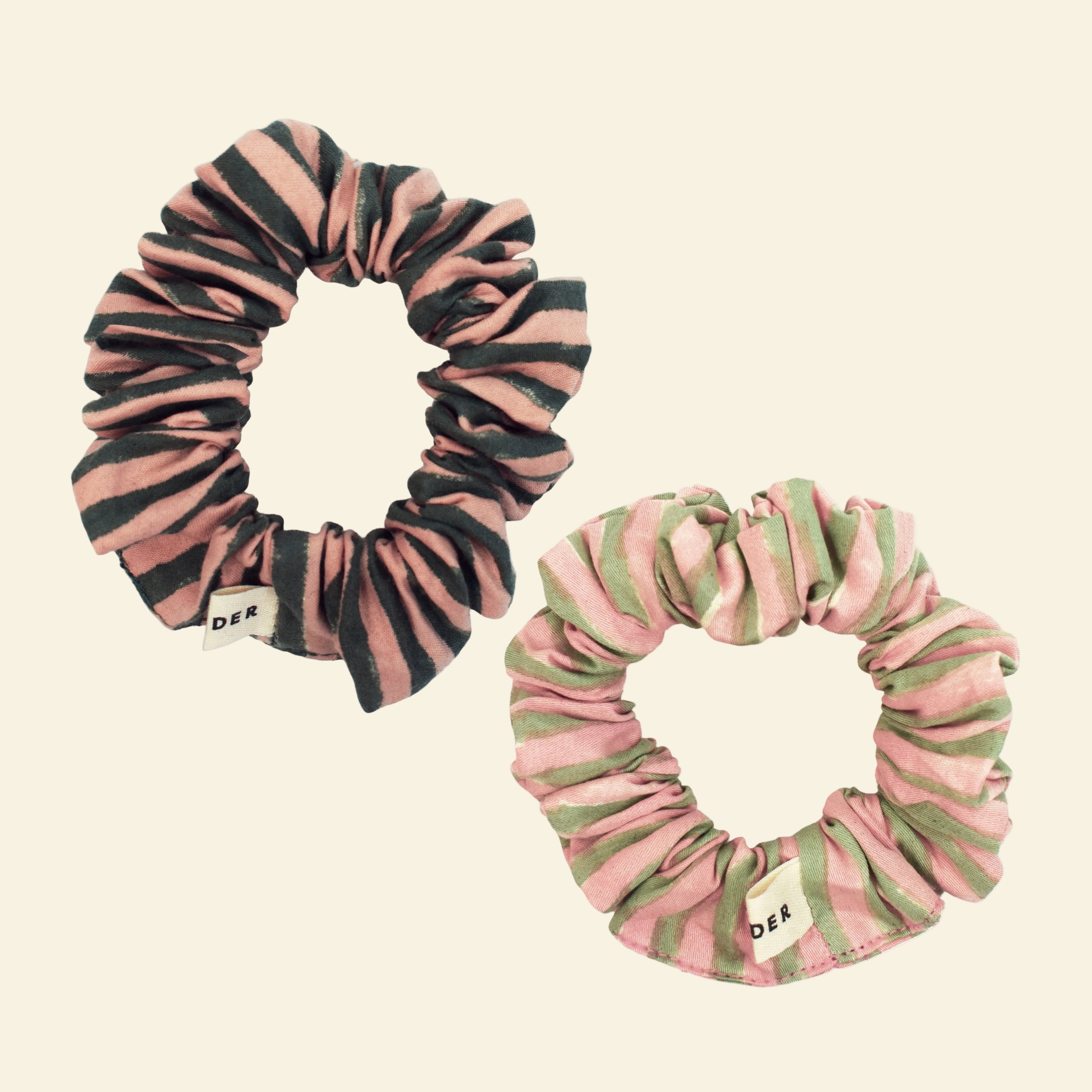 Yonder organic cotton mini scrunchie duo in light and deep green stripes, hand block-printed in Jaipur