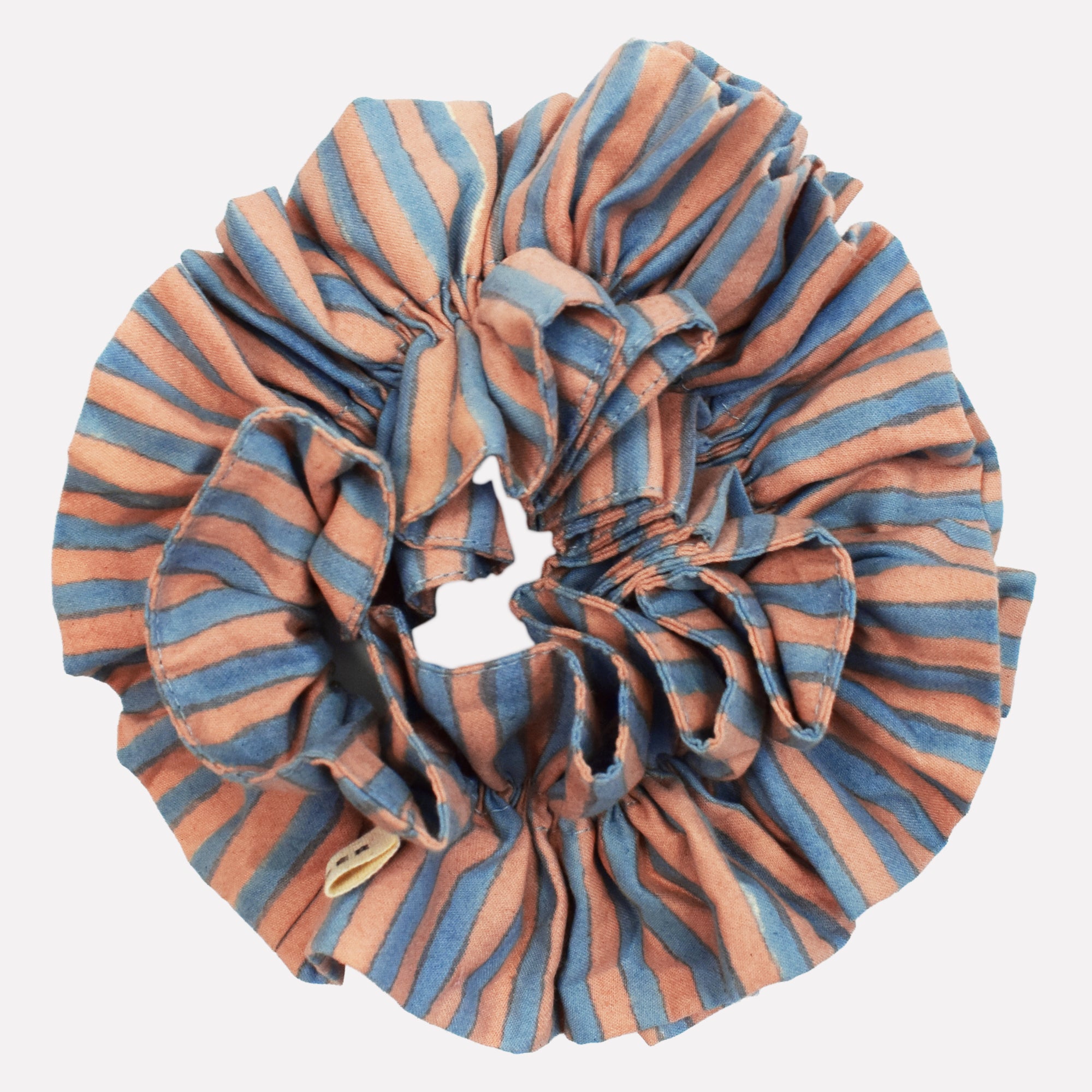 Cotton ruffle scrunchie printed with blue and tan striped pattern