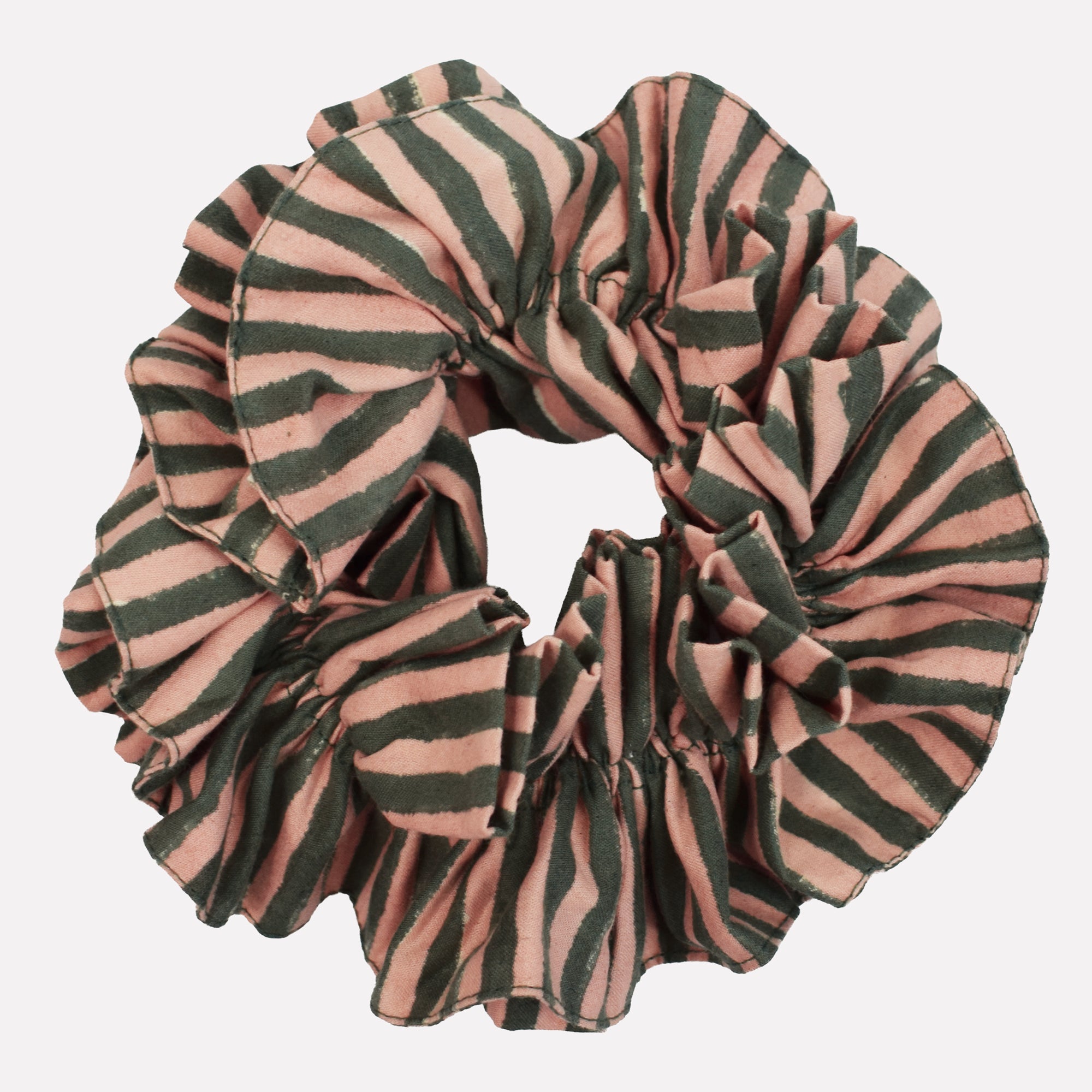 Cotton ruffle scrunchie printed with green and pink striped pattern