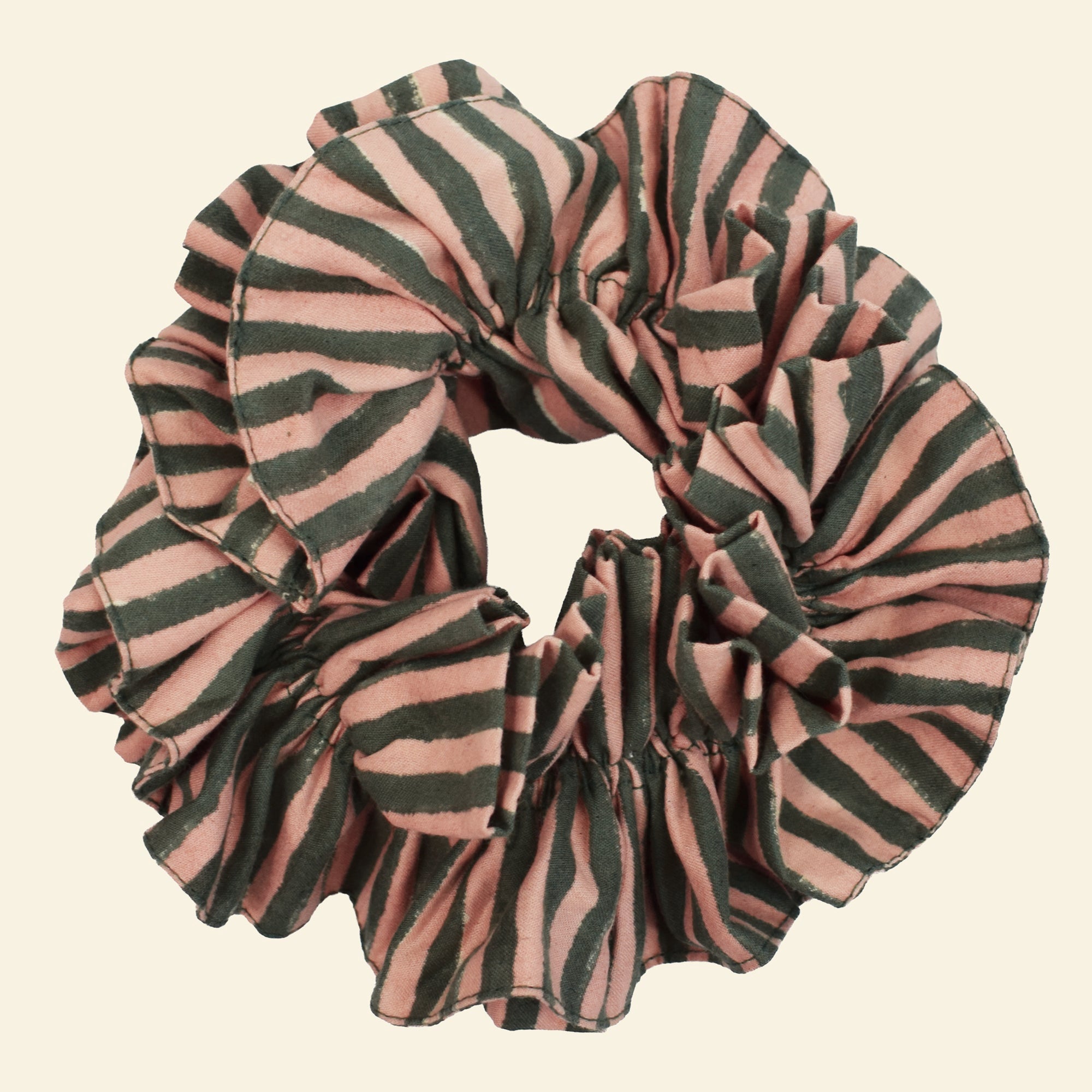 Yonder organic cotton ruffle scrunchie in green and cream stripe, hand block-printed in Jaipur