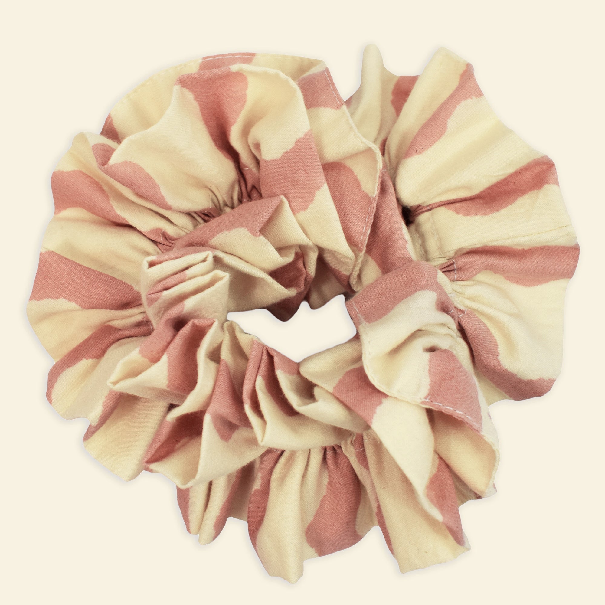 Yonder organic cotton ruffle scrunchie in cream and pink rippled wave-stripe, hand block-printed in Jaipur