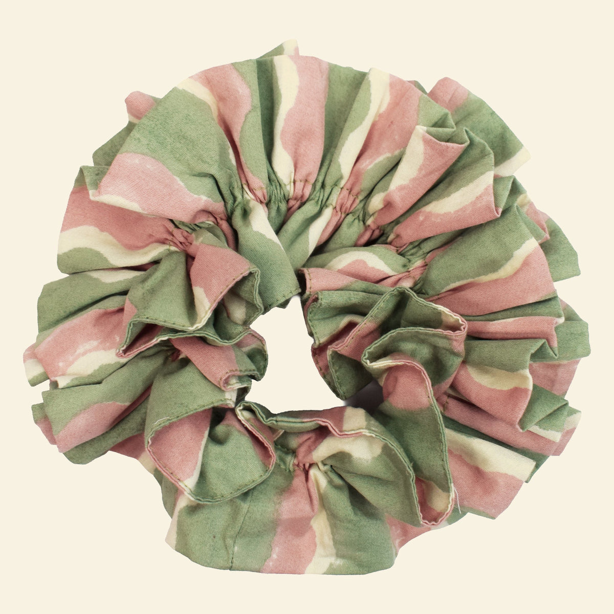 Yonder organic cotton ruffle scrunchie in mint green and pink wave-stripe, hand block-printed in Jaipur