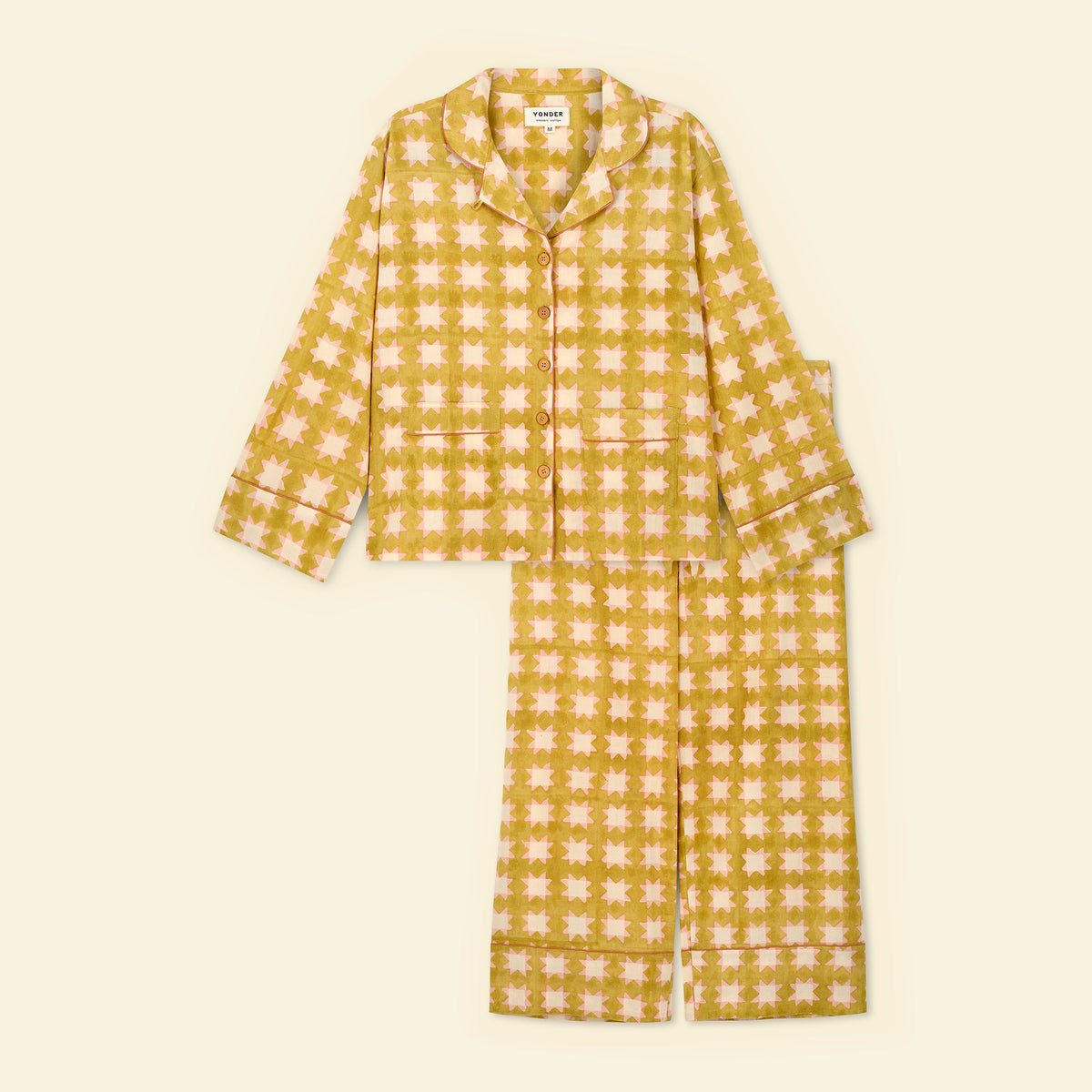 Yonder women's pyjama set in carousel honey, hand block-printed in Jaipur