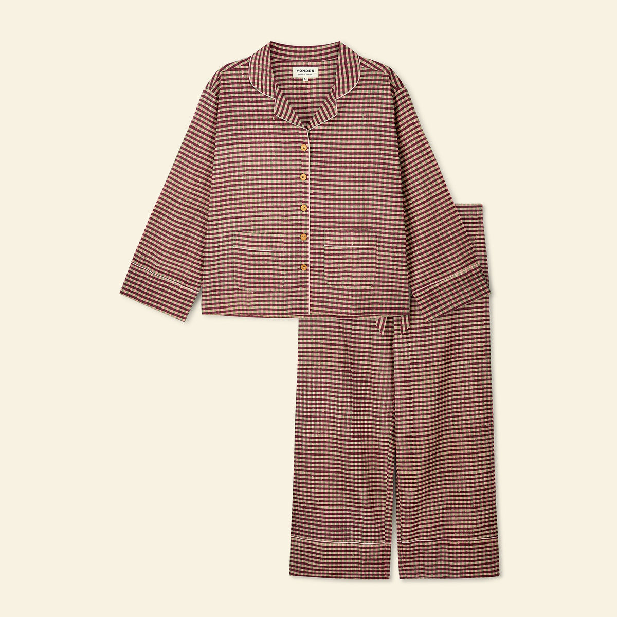 Yonder women's pyjama set in gingham peppermint, hand block-printed in Jaipur