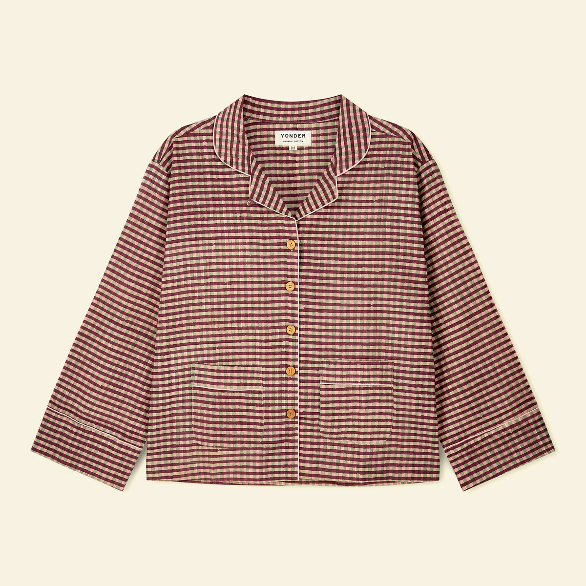 Yonder women's pyjama set in gingham peppermint, hand block-printed in Jaipur