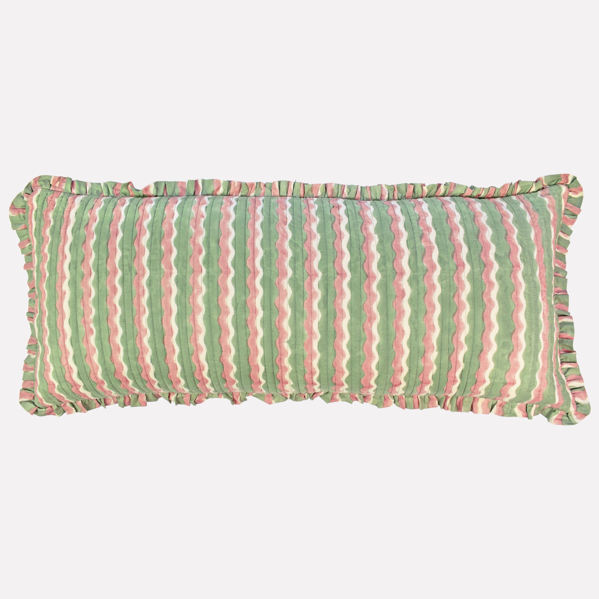 Long cotton quilted cushion printed with green and pink striped wave pattern and frill border
