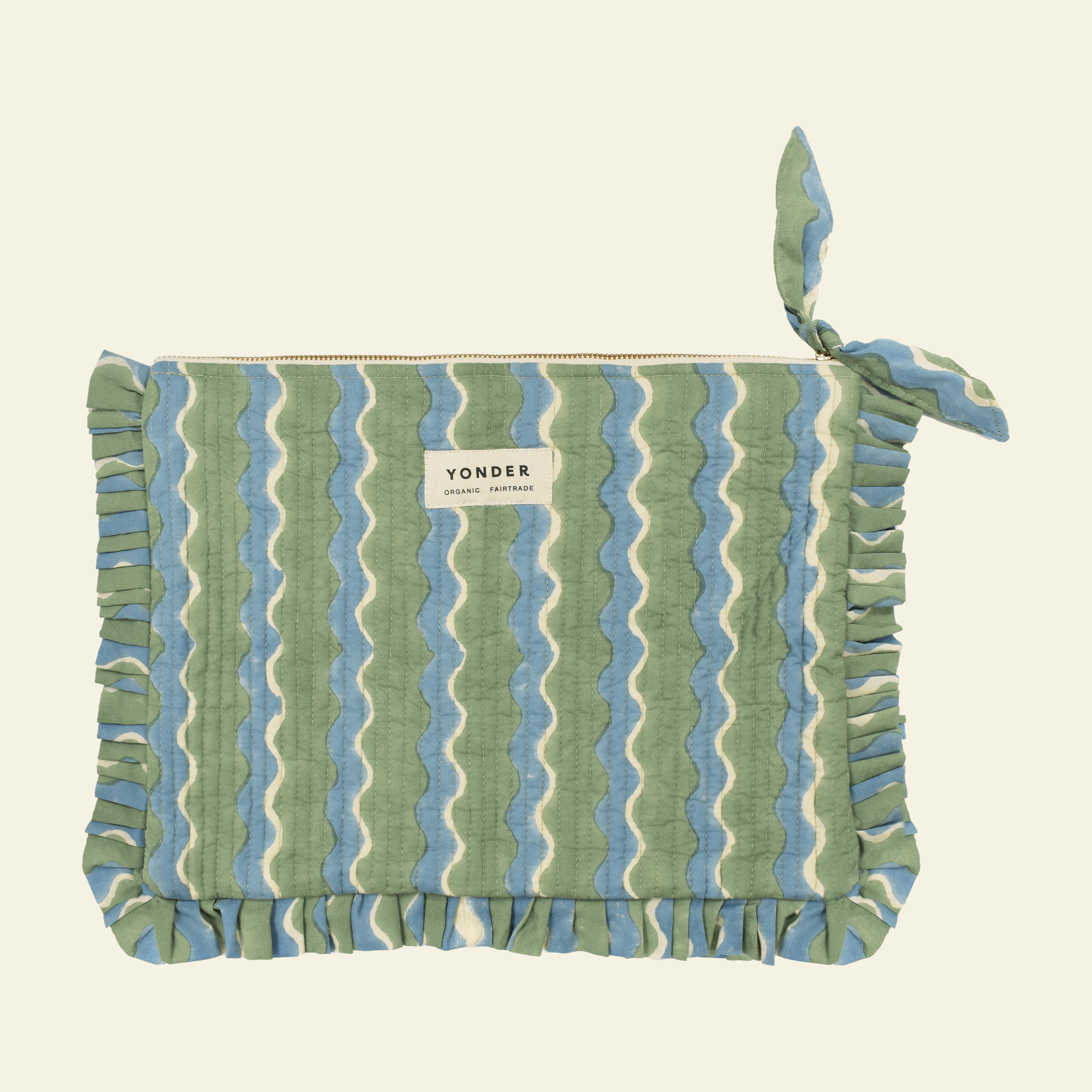 Quilted frill pouch, Whirly Sage, on cream