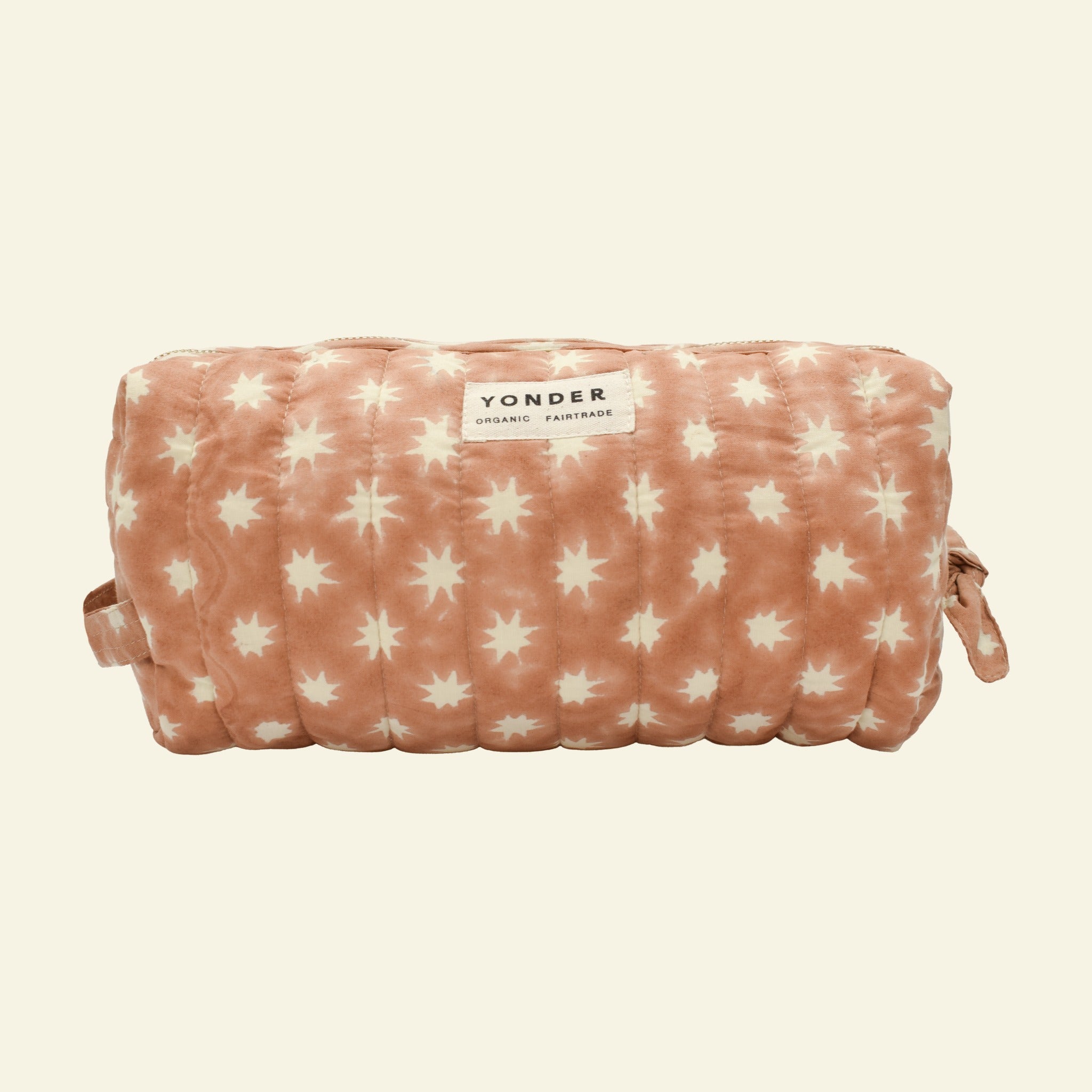 Yonder organic cotton Loaf wash bag in peanut brown Cosmic star print, with brass zip, hand block-printed in Jaipur