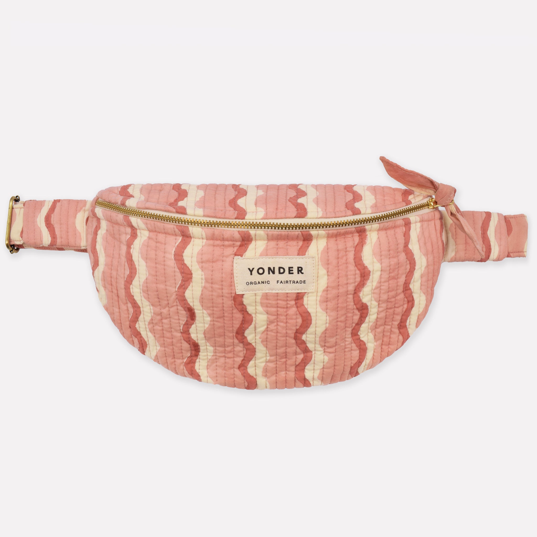 Cotton quilted bumbag/fanny pack printed with pink and white striped wave pattern