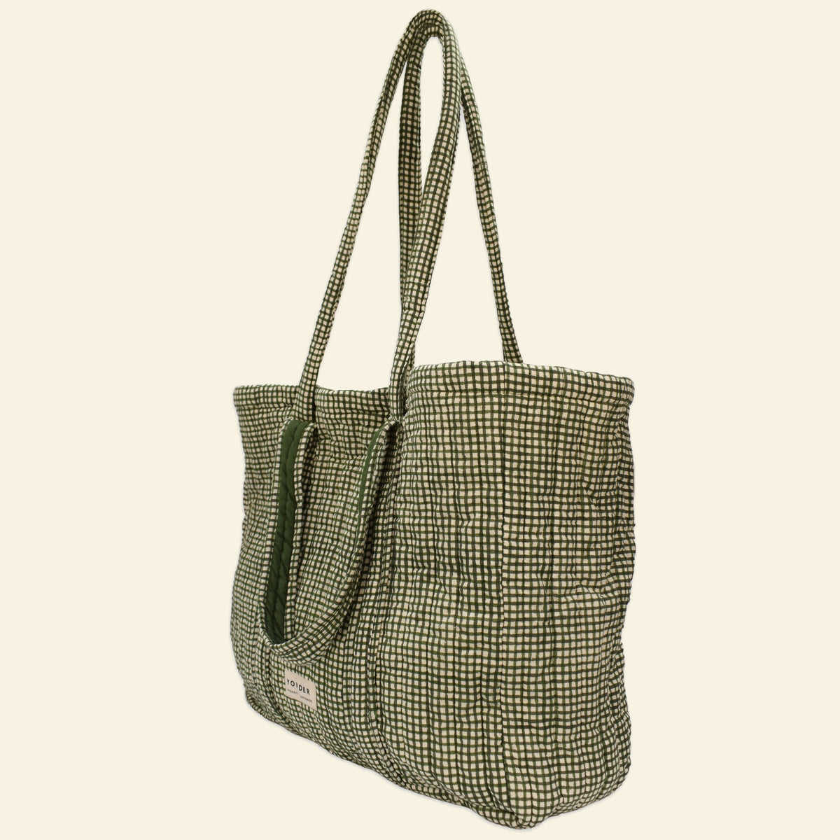 Side view of Yonder fern-green check Carry All tote, quilted organic cotton, hand block-printed