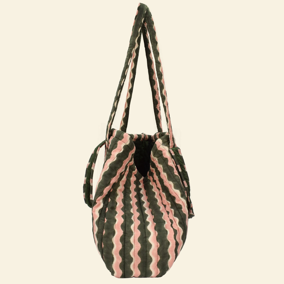 Yonder fern-green whirly swirl quilted Carry All, side view, organic cotton, hand block-printed in Jaipur