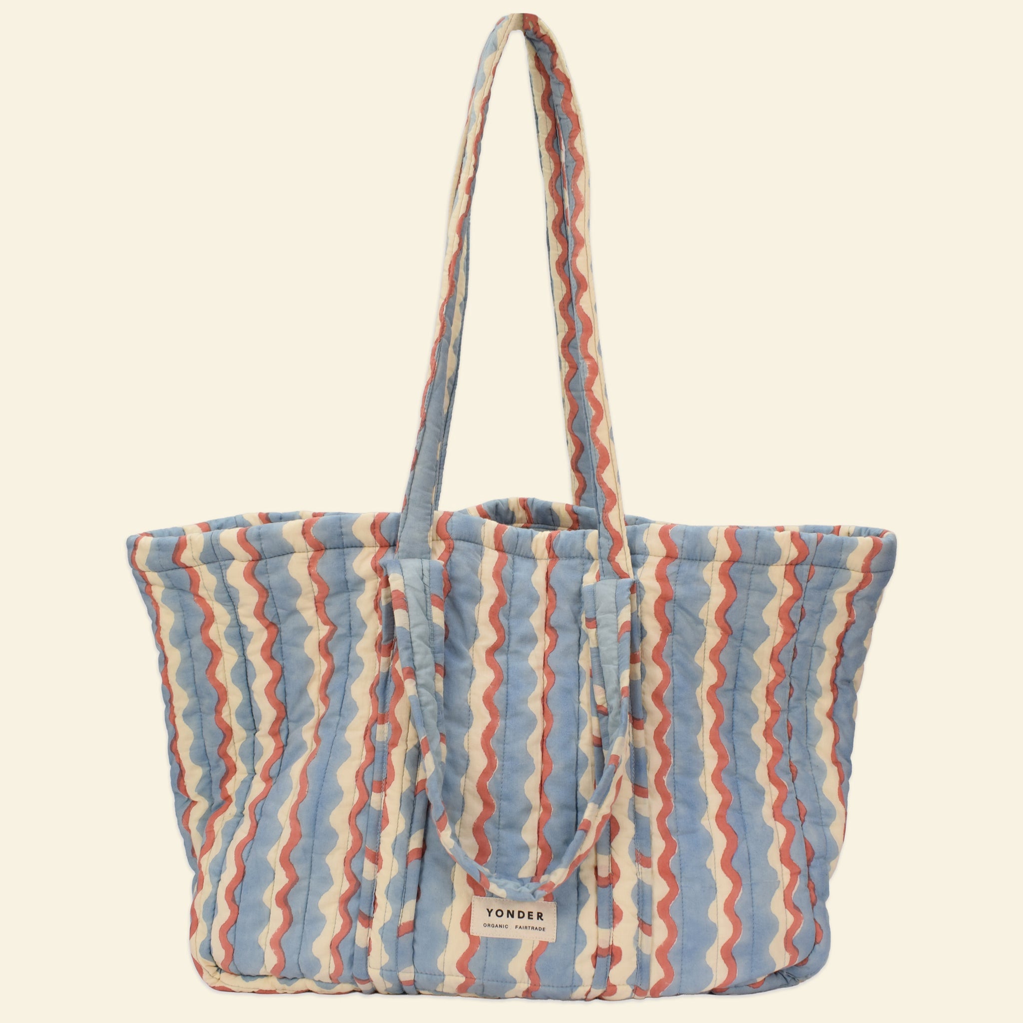 Yonder Quilted Carry All tote in sky-blue wiggle wave print, quilted organic cotton, hand block-printed in Jaipur