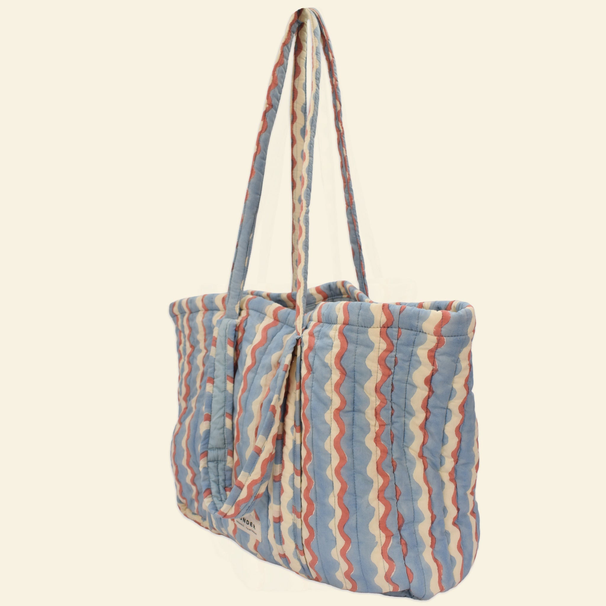 Yonder sky-blue wiggle wave quilted Carry All, side view, organic cotton, hand block-printed in Jaipur