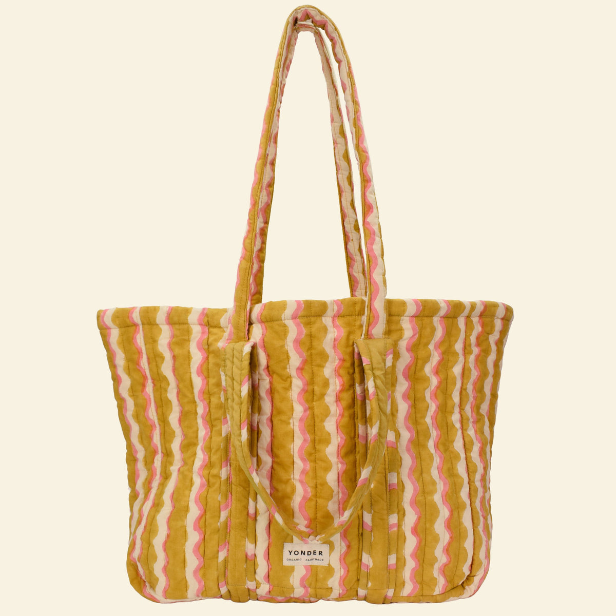 Yonder Quilted Carry All tote in honey wiggle wave print, quilted organic cotton, hand block-printed in Jaipur