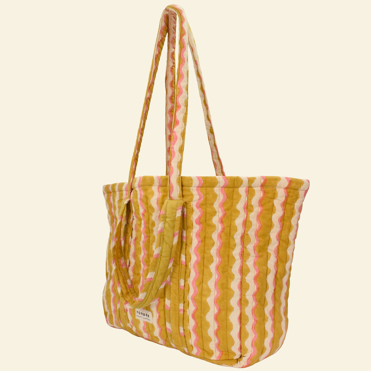 Yonder honey wiggle wave Carry All tote, side view, quilted organic cotton, hand block-printed in Jaipur