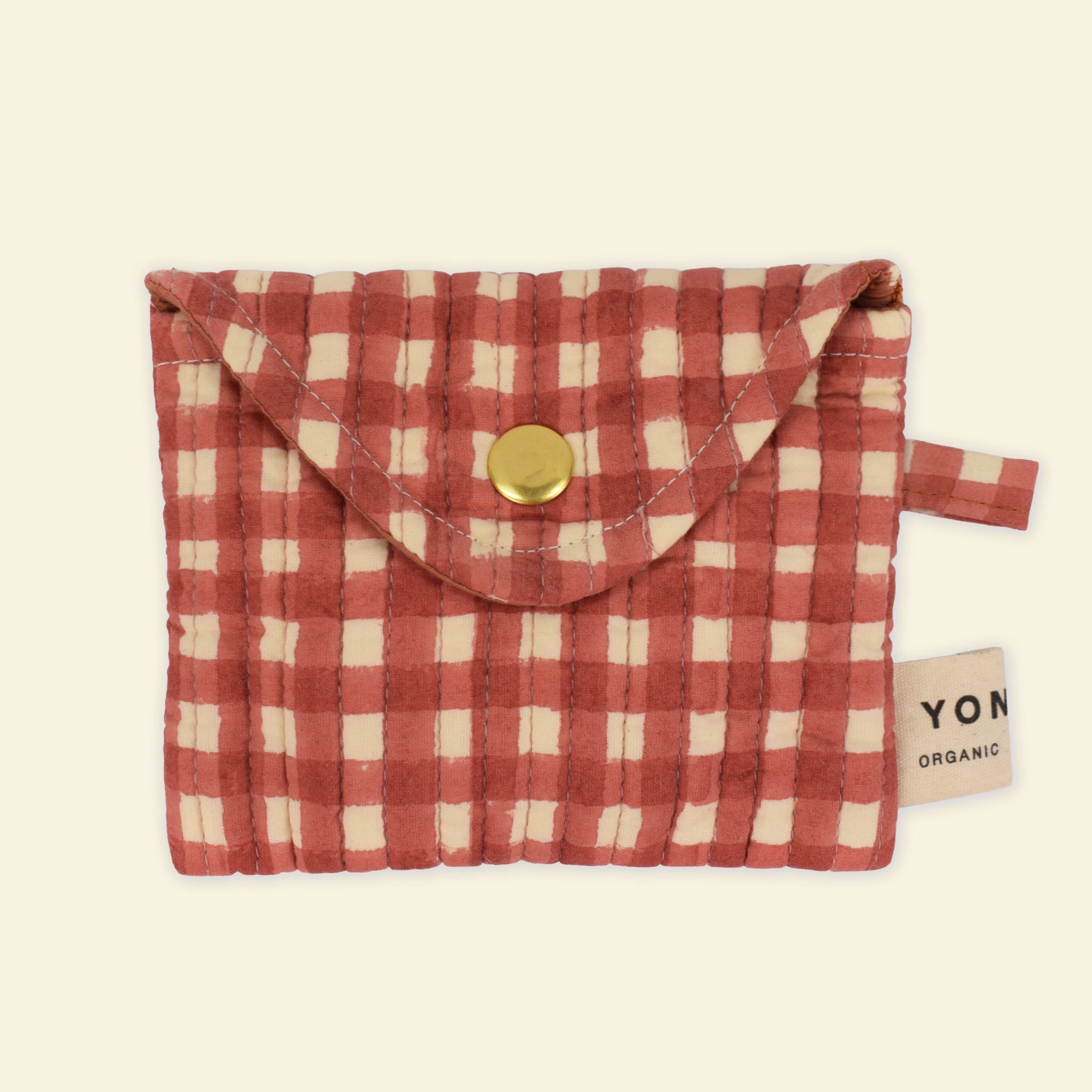 Cotton quilted small popper purse printed with red gingham pattern