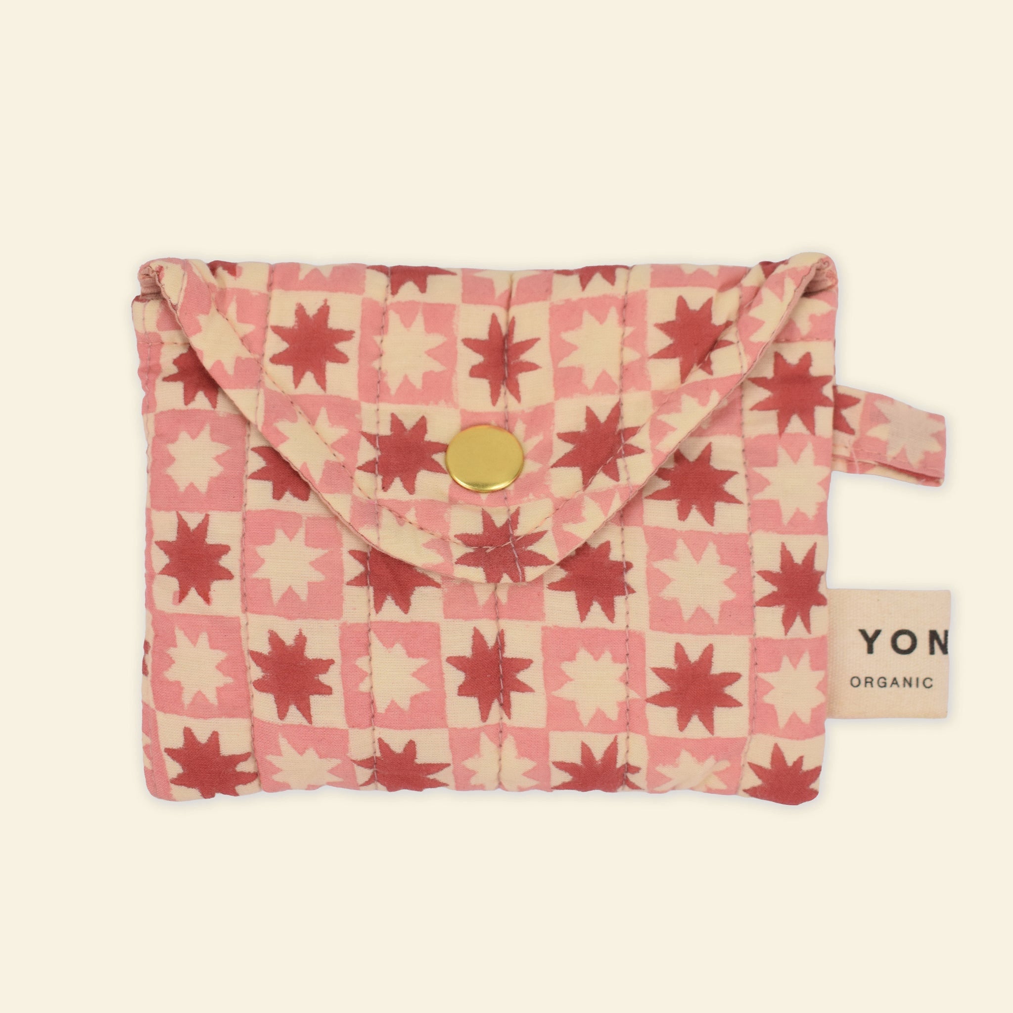 Cotton quilted small popper purse printed with pink and red star pattern