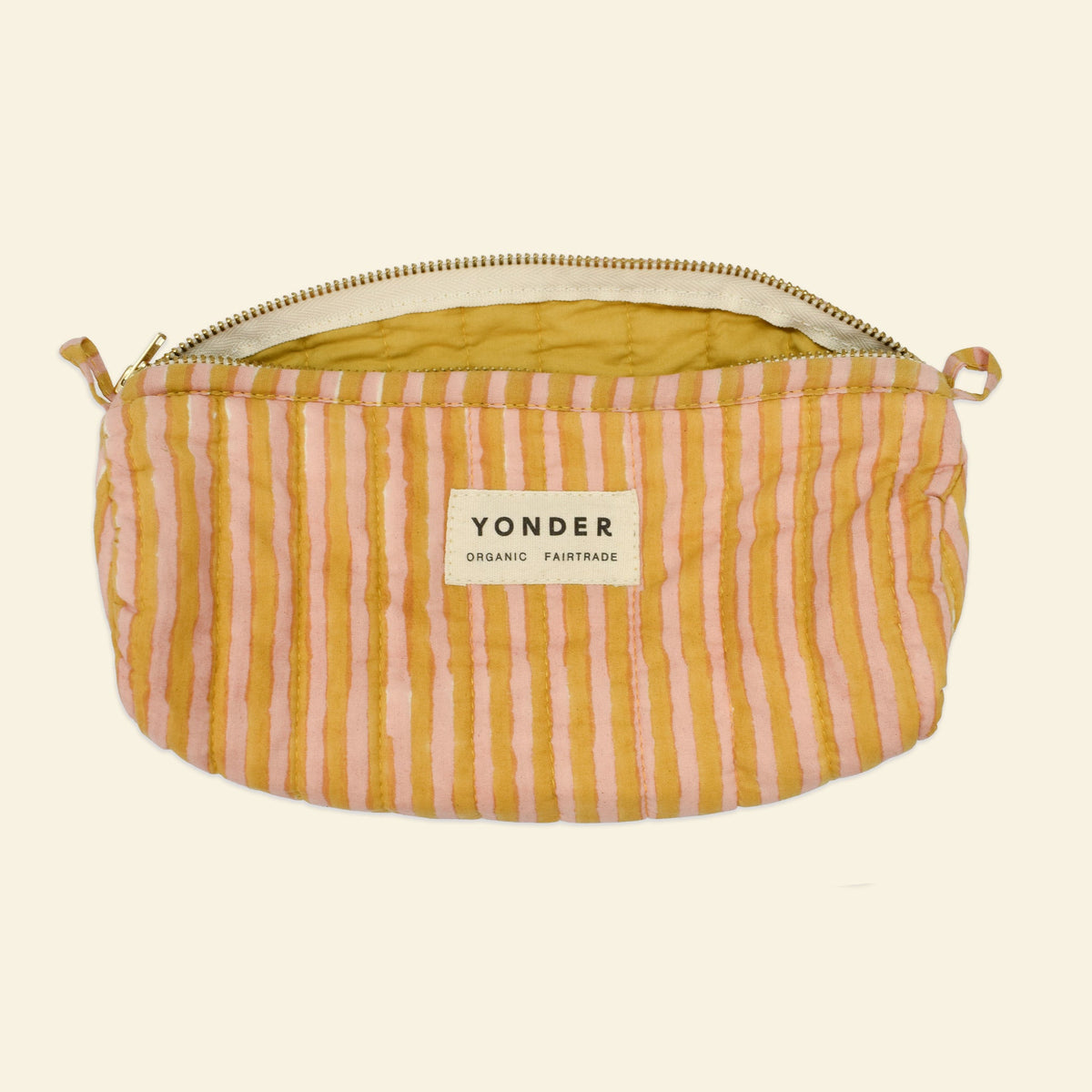 Yonder soft organic cotton brioche wash bag in biscuit and soft blush candy stripe, open, hand block-printed in Jaipur
