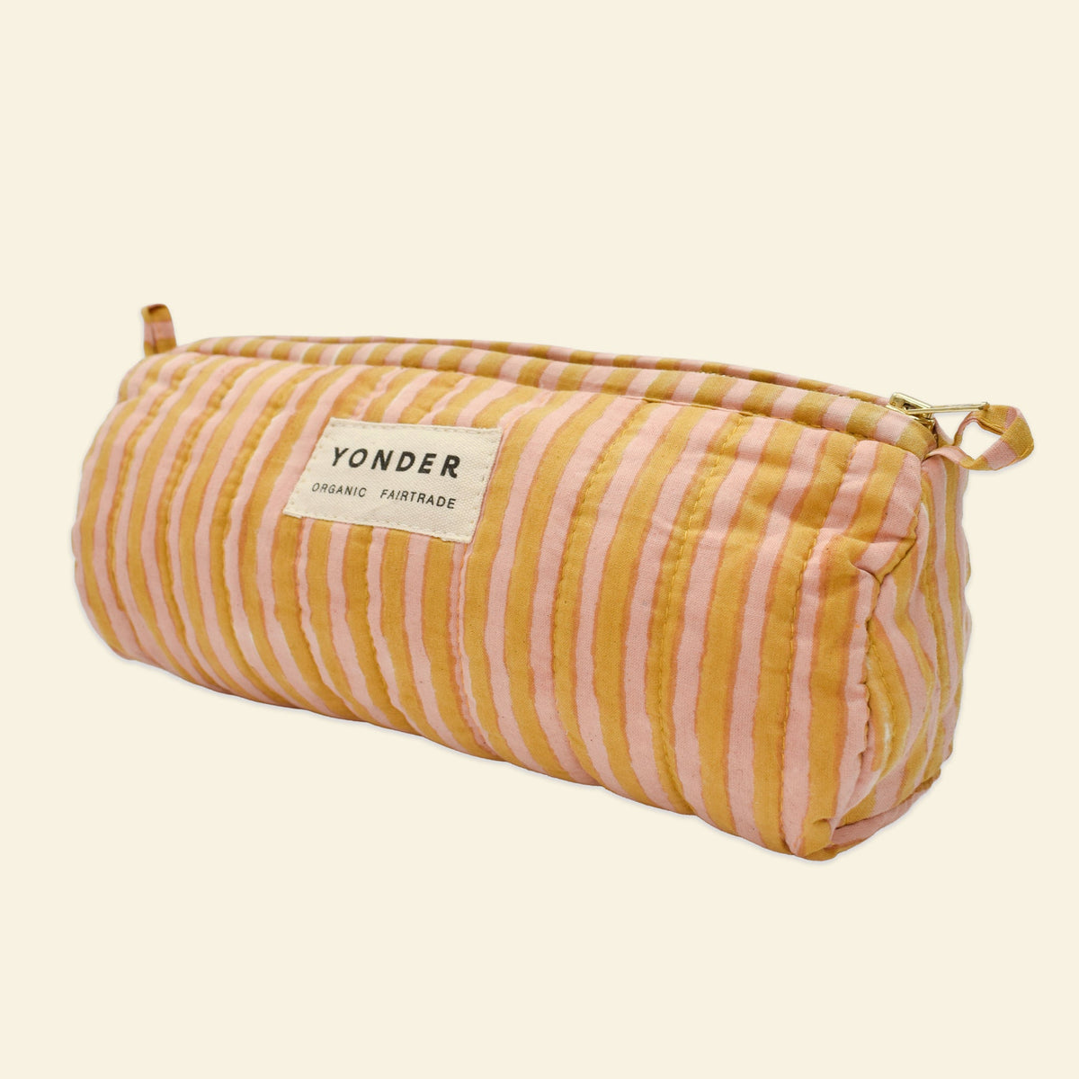 Yonder soft organic cotton brioche wash bag in biscuit and soft blush candy stripe, hand block-printed in Jaipur