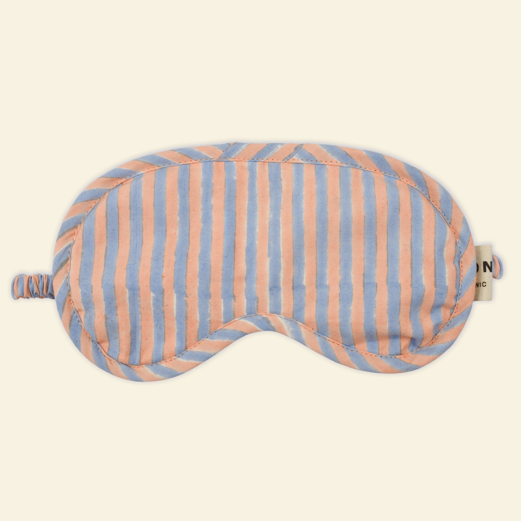 Yonder organic cotton eye mask in Candy sky blue and apricot stripe, hand block-printed in Jaipur